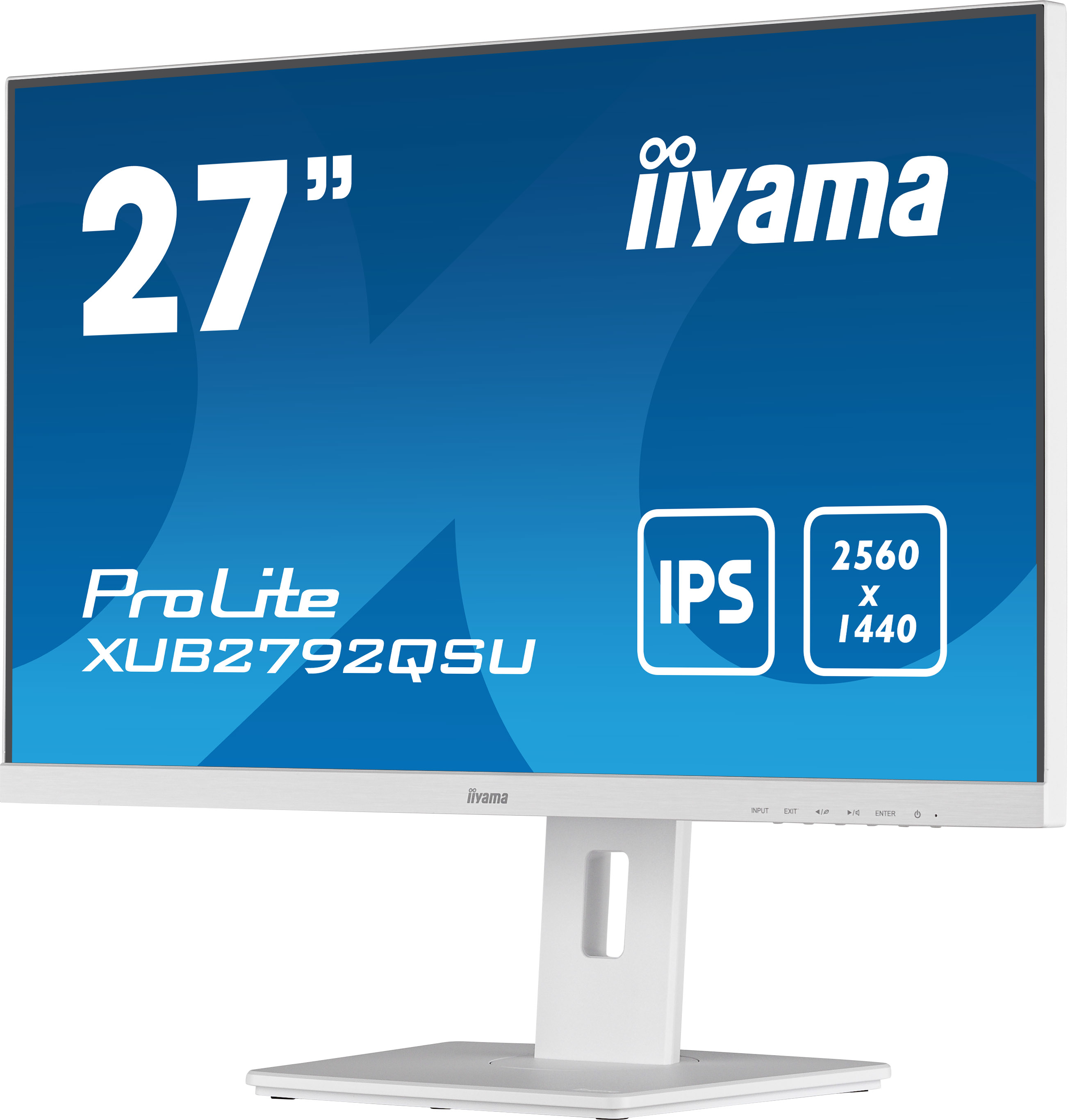 Monitor blanco con pantalla de 27", marco negro, soporte blanco, fondo azul con texto y logotipos.