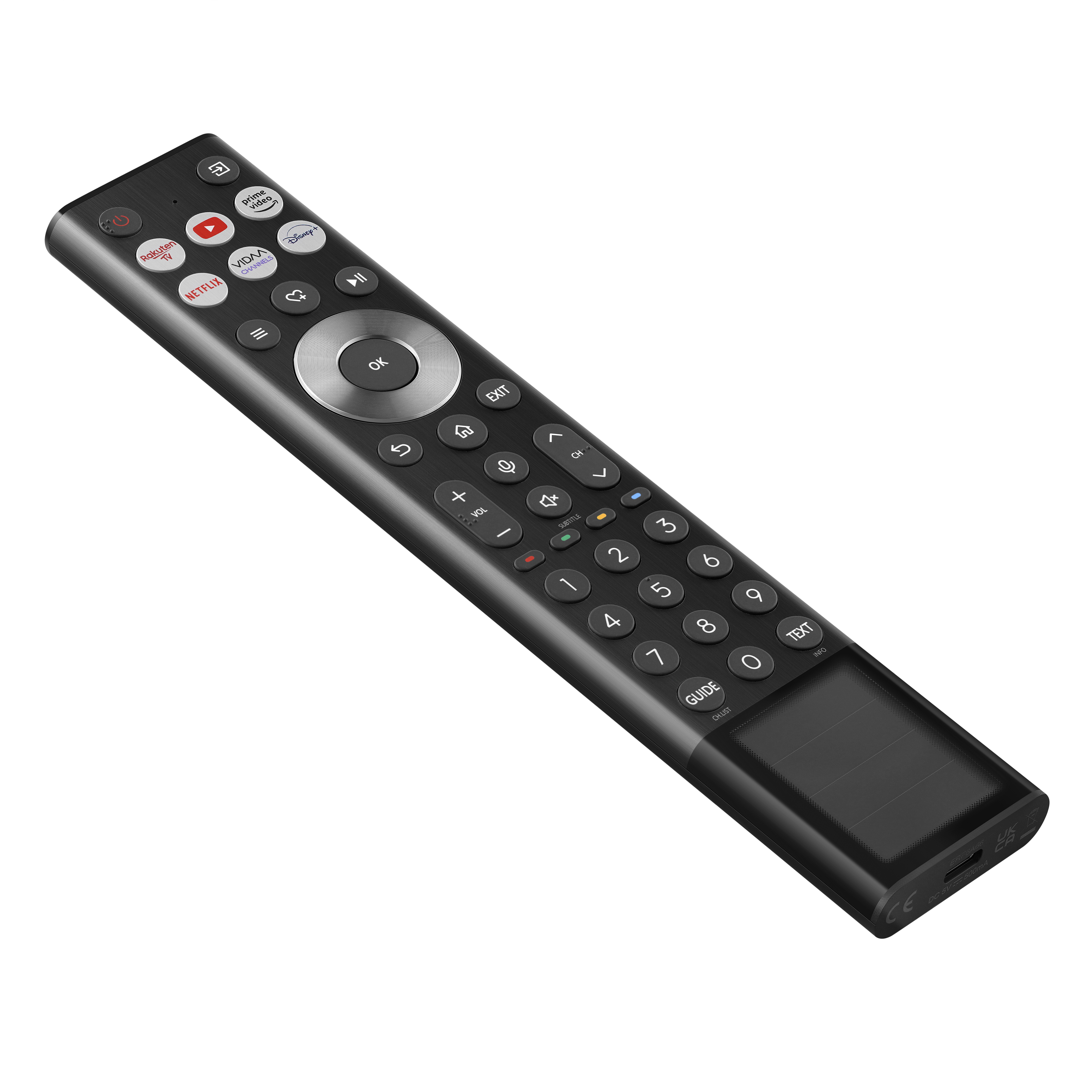 Un telecomando TV nero con più pulsanti e un touchpad.
