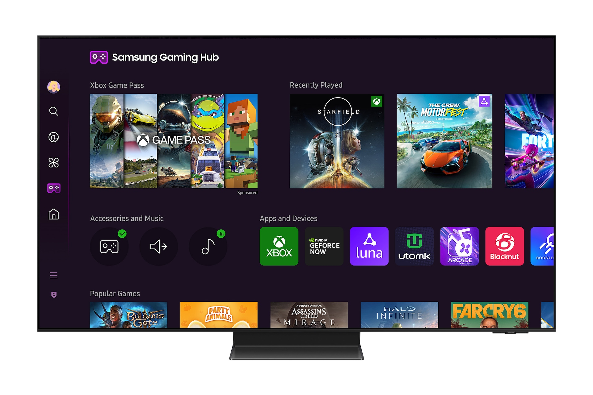 Telewizor Samsung wyświetlający 'Samsung Gaming Hub'. Interfejs z ikonami gier i fioletowym motywem.