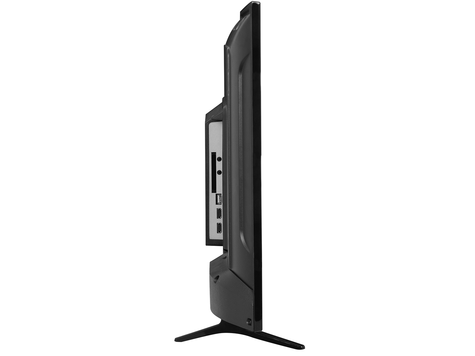 Una vista lateral de un monitor negro. Tiene un marco negro, puertos y un soporte. La pantalla está apagada.