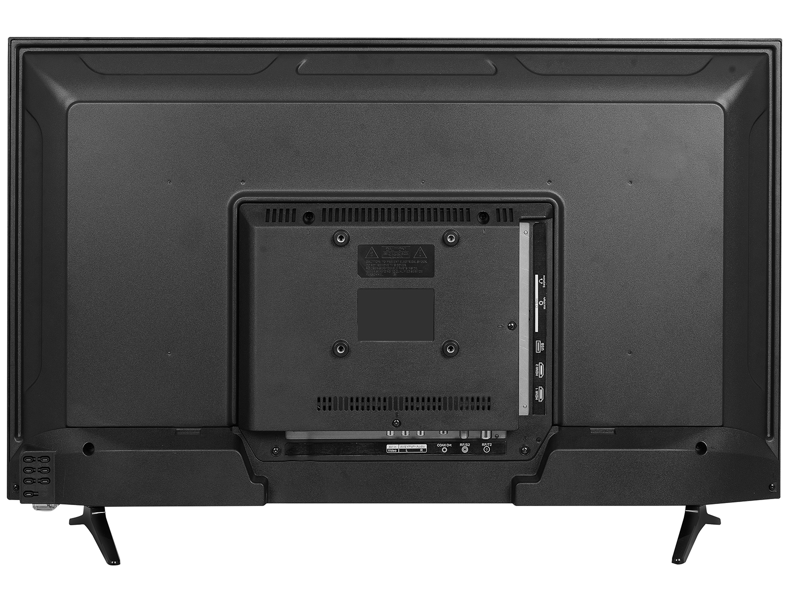 Vista trasera de un televisor negro con puertos y soporte; fondo negro.
