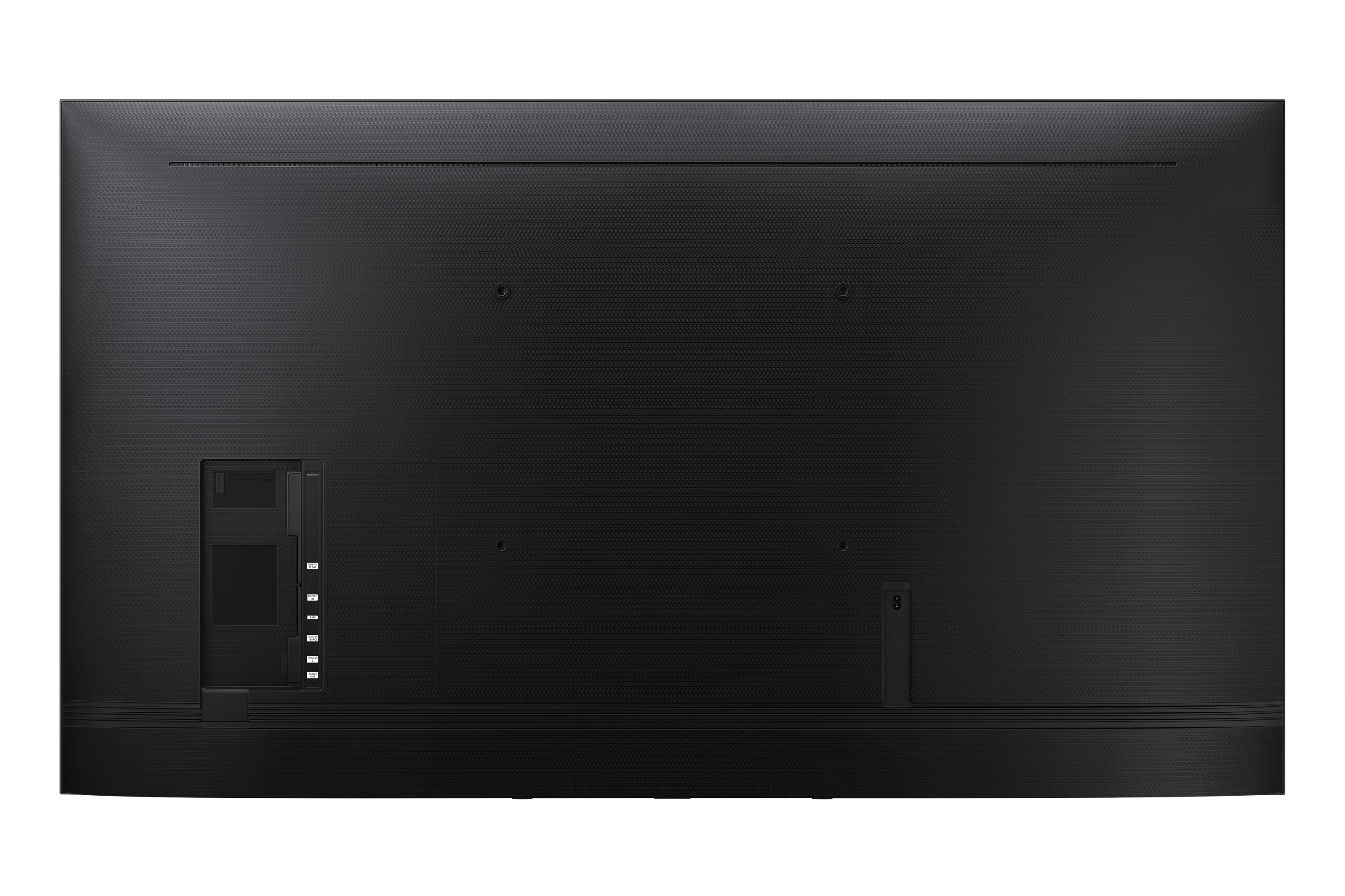 Back of a black TV. It has a smooth surface with some ports and a few screws.