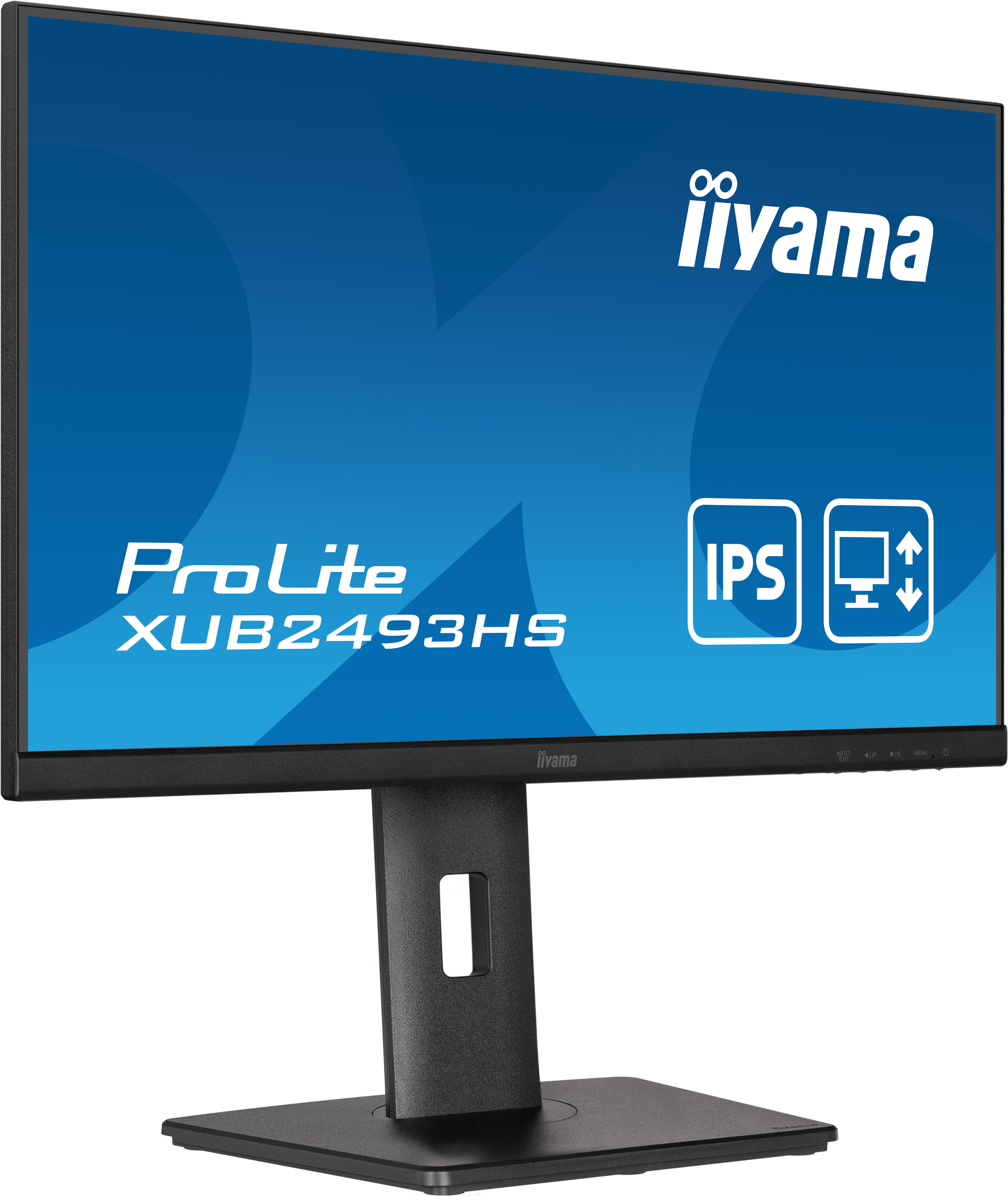Monitor Iiyama. Marco negro, pantalla azul con texto. Iconos IPS y monitor. Soporte negro.