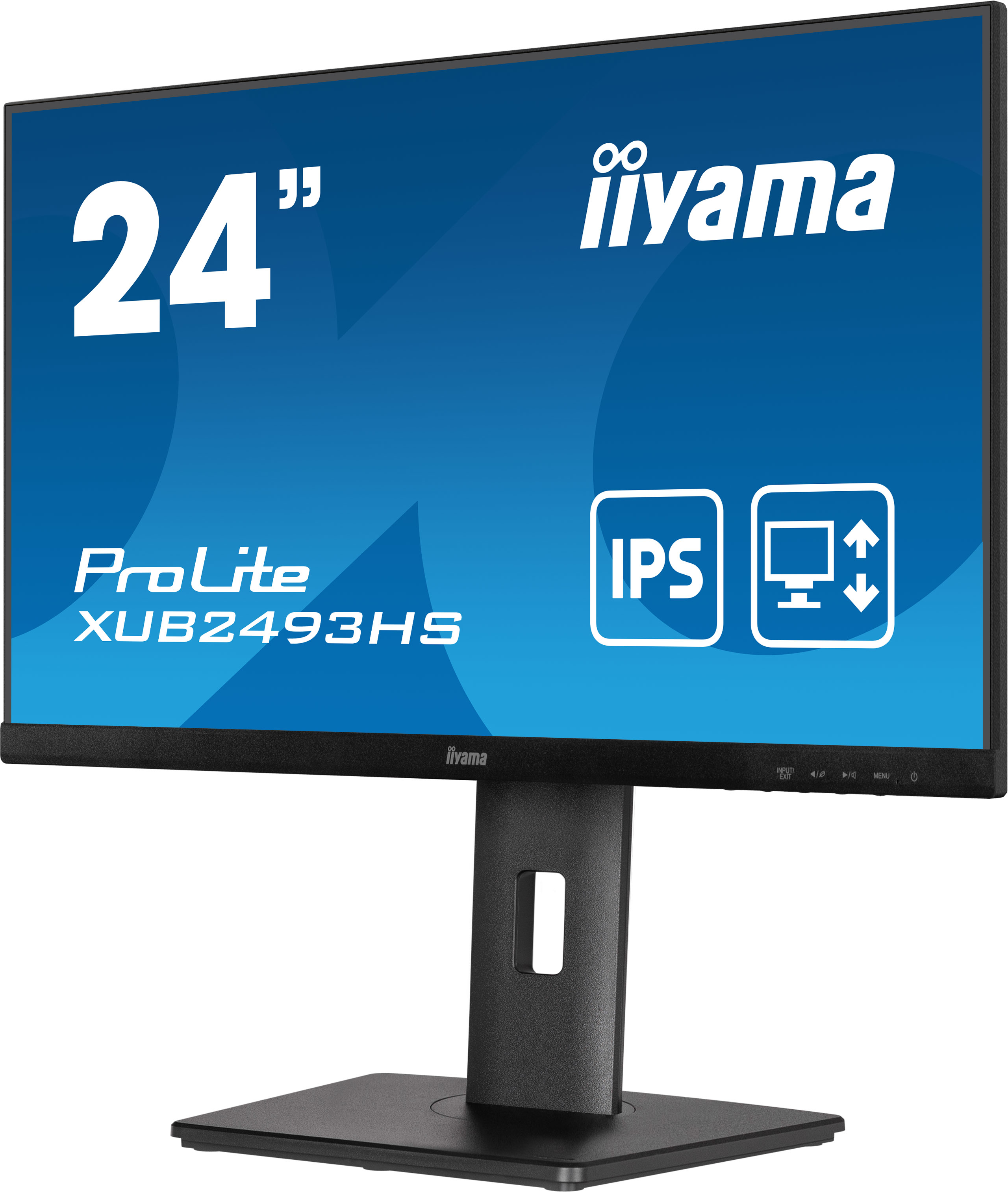 Monitor iiyama de 24". Pantalla azul. Marco y soporte negros. Iconos IPS y USB-C visibles.