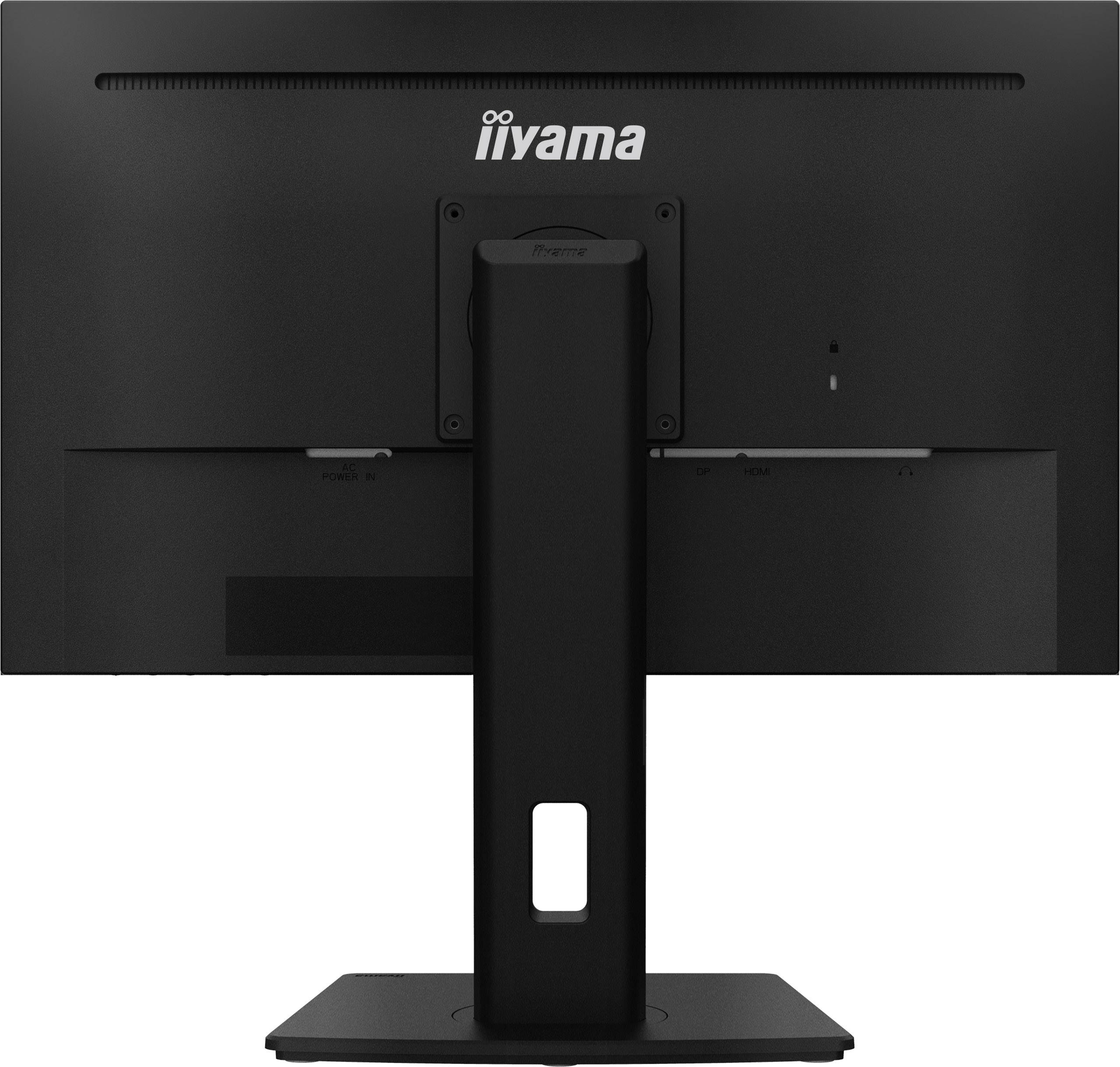 Parte trasera del monitor negro. Logotipo iiyama arriba. Puertos para alimentación, DP y HDMI.