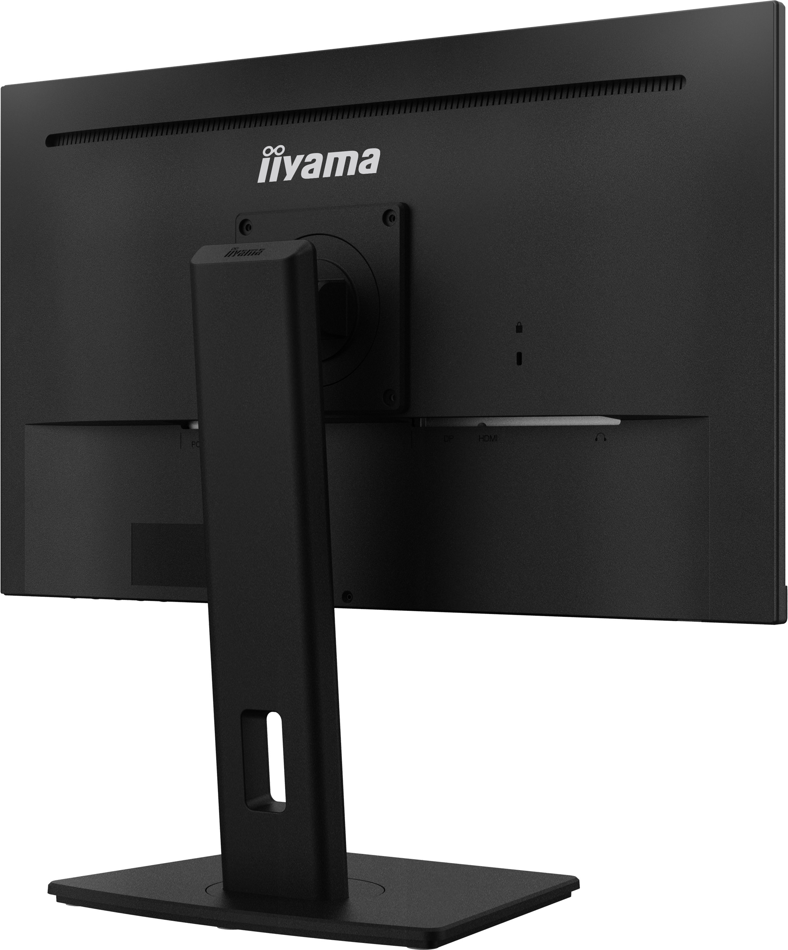 Parte trasera del monitor Iiyama negro, soporte y logo.