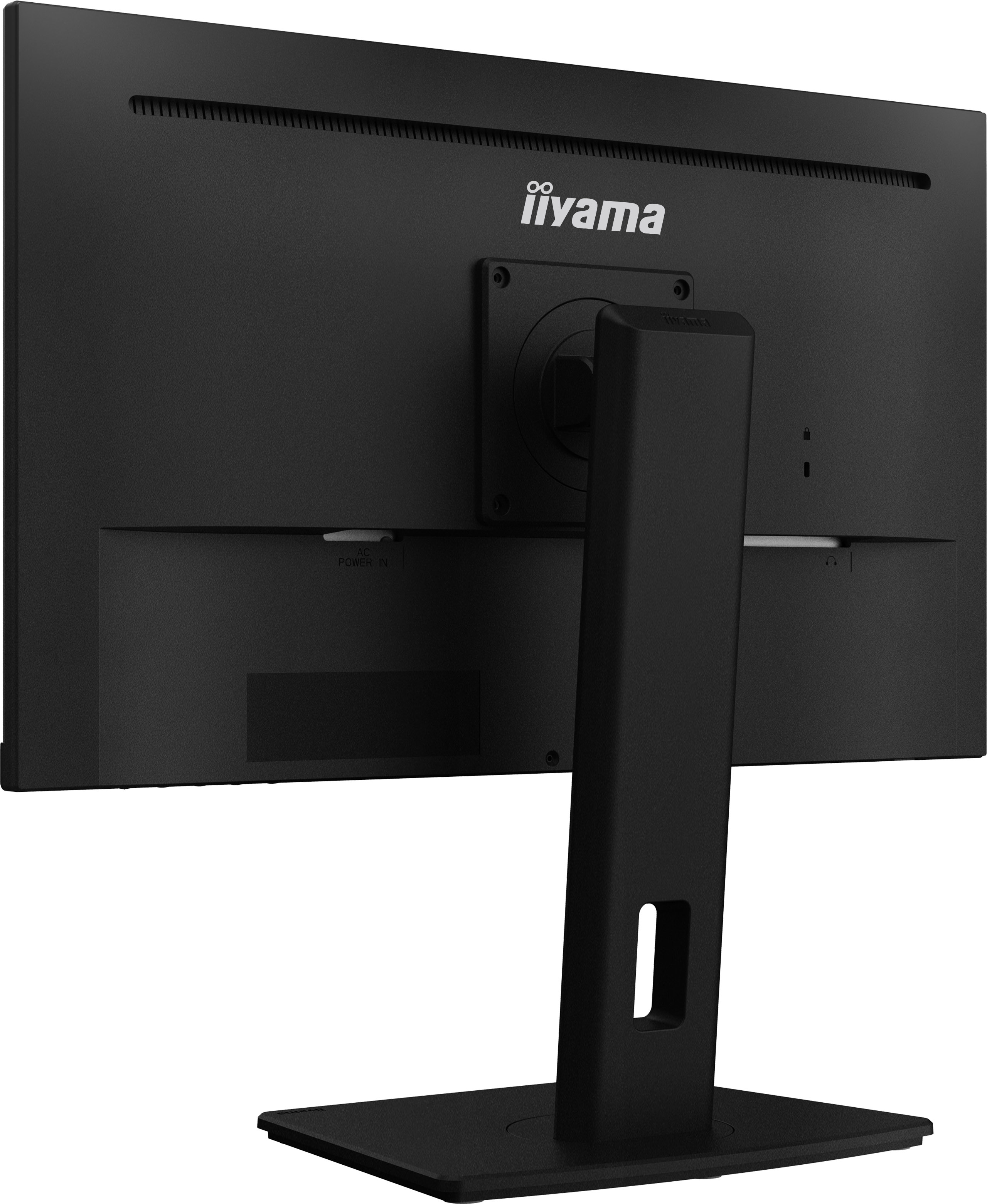Parte trasera de un monitor negro con soporte, puertos y logo iiyama.