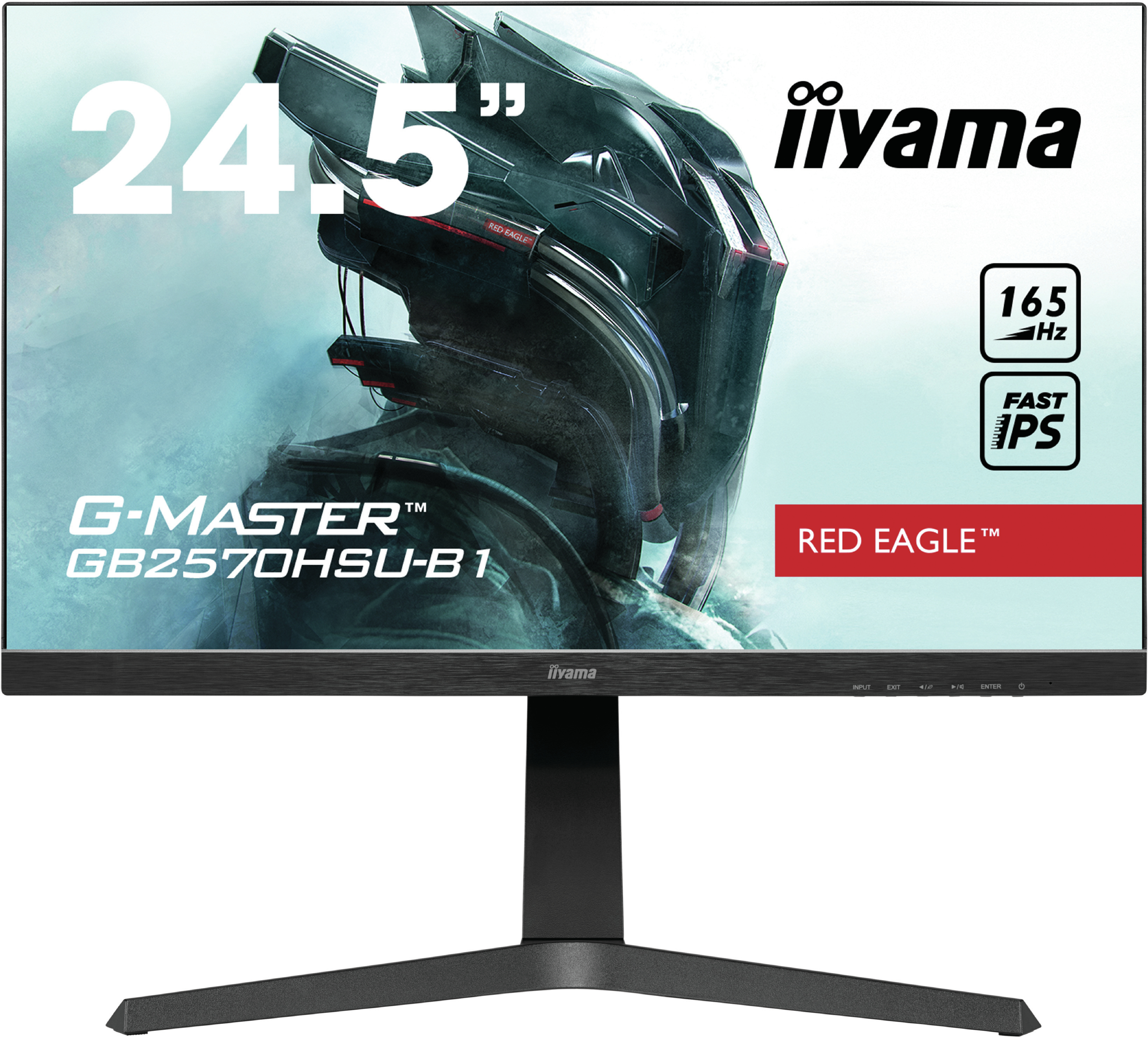 Monitor iiyama pokazuje interfejs do gier z tekstem dla 24,5", 165Hz i Fast IPS.