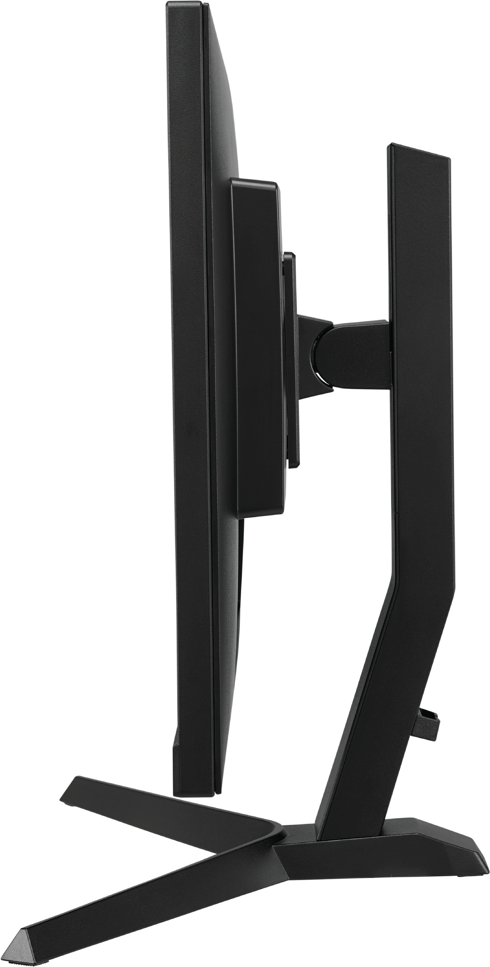 Czarny monitor, widok z boku, ze stojakiem. Białe tło.