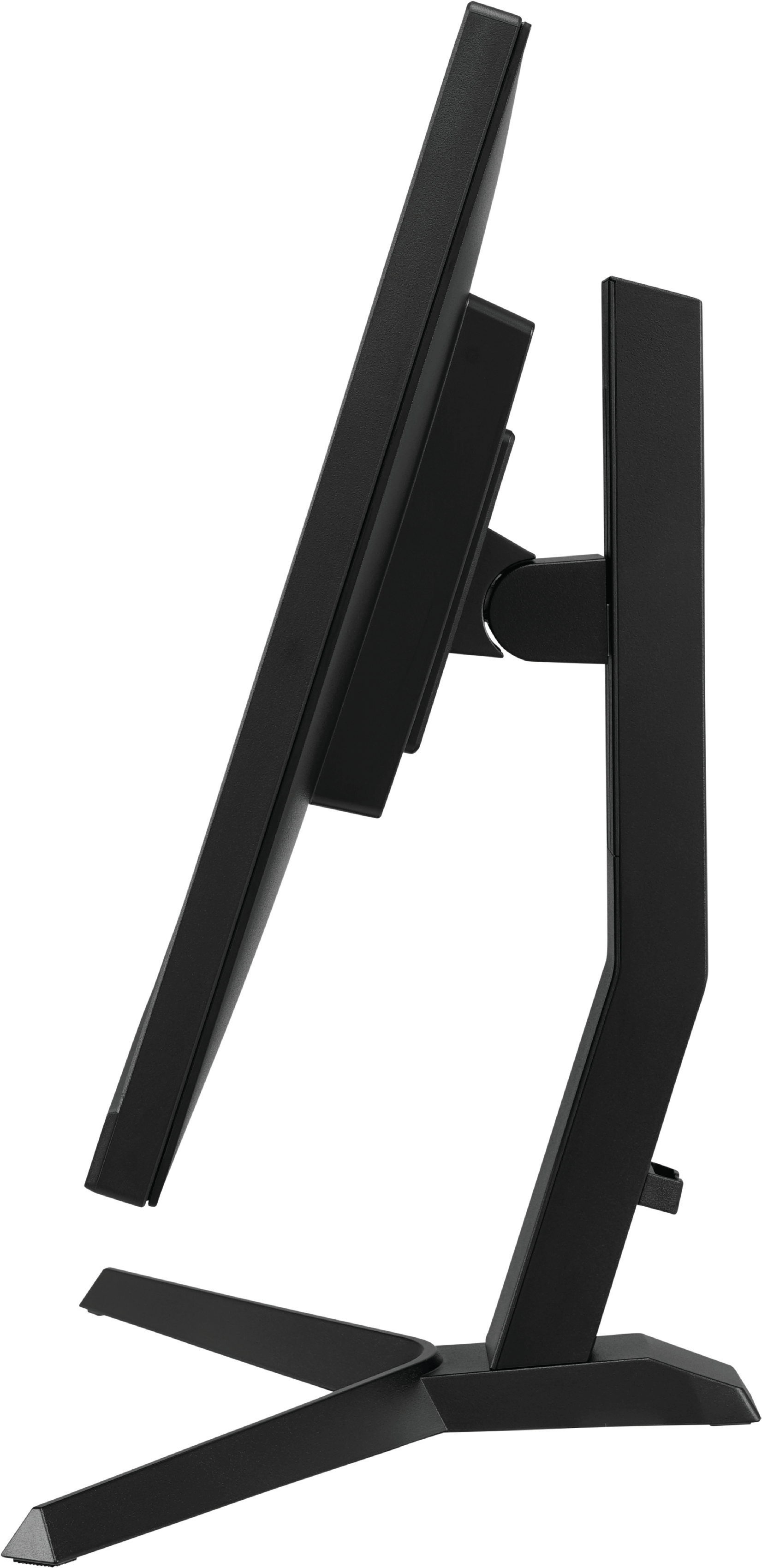 Widok z boku czarnego monitora, pokazujący podstawę i kąt nachylenia ekranu.