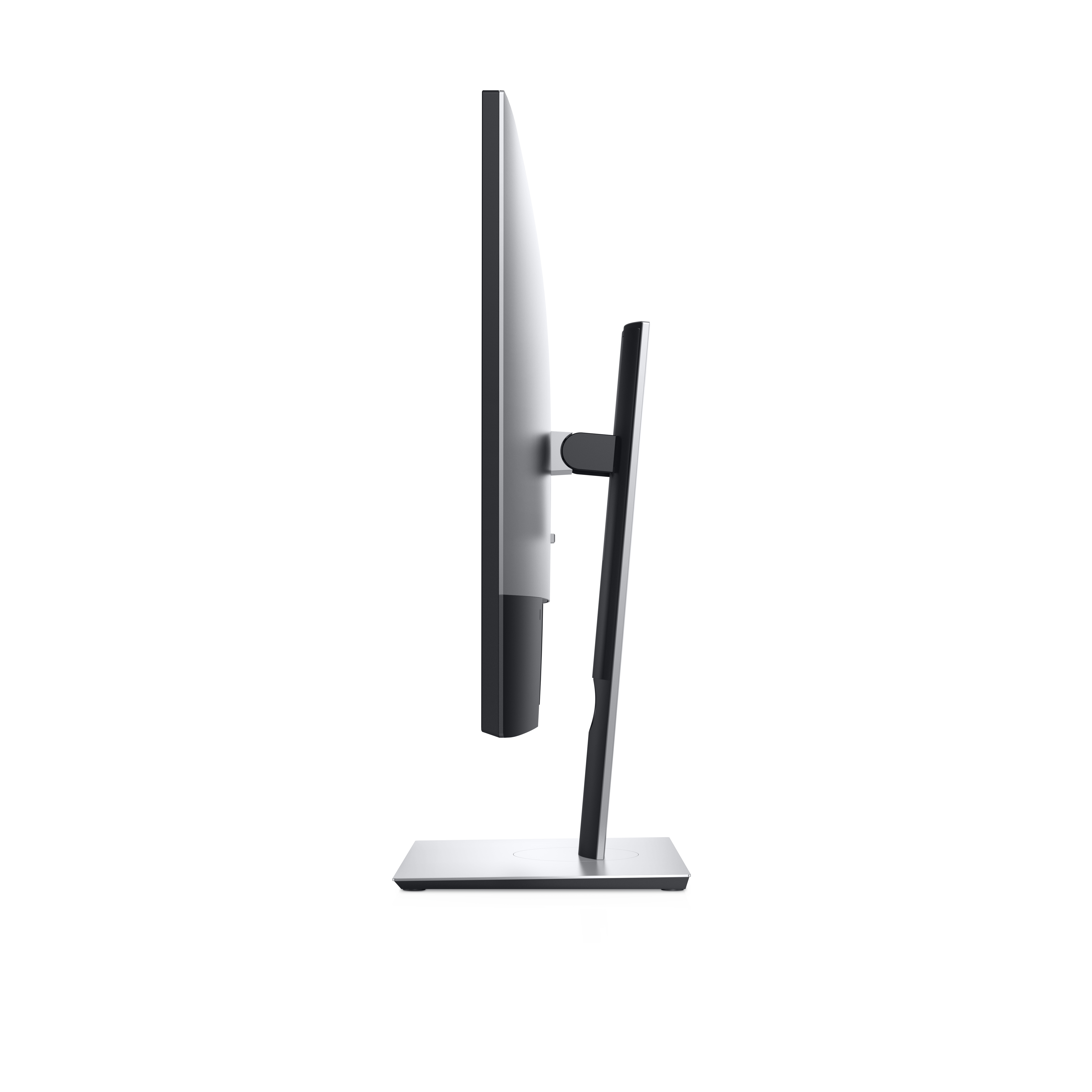 Vista laterale di un monitor Dell, argento e nero, con supporto nero, sfondo bianco.