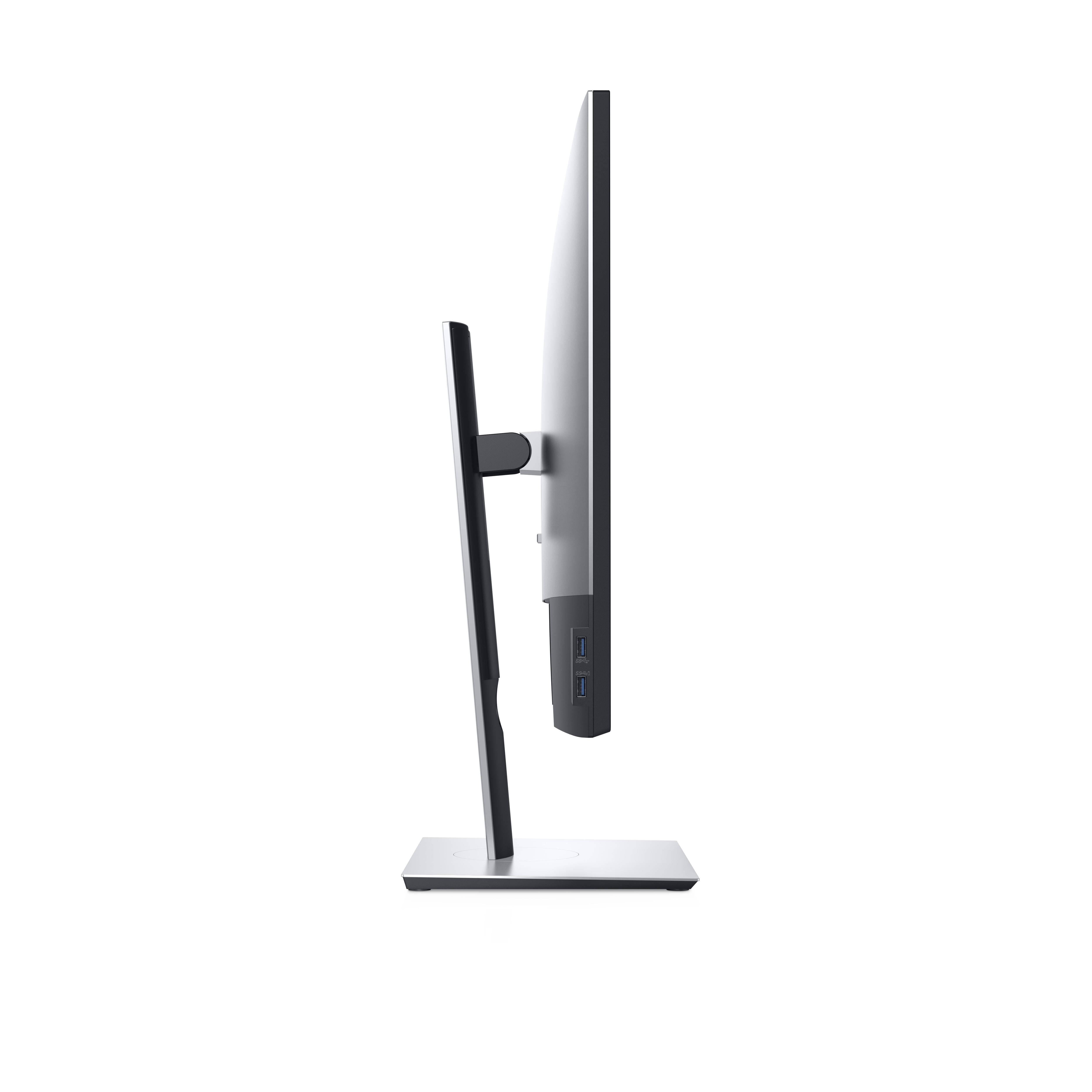 Vista laterale di un monitor per computer argentato con dettagli neri. Sfondo bianco.
