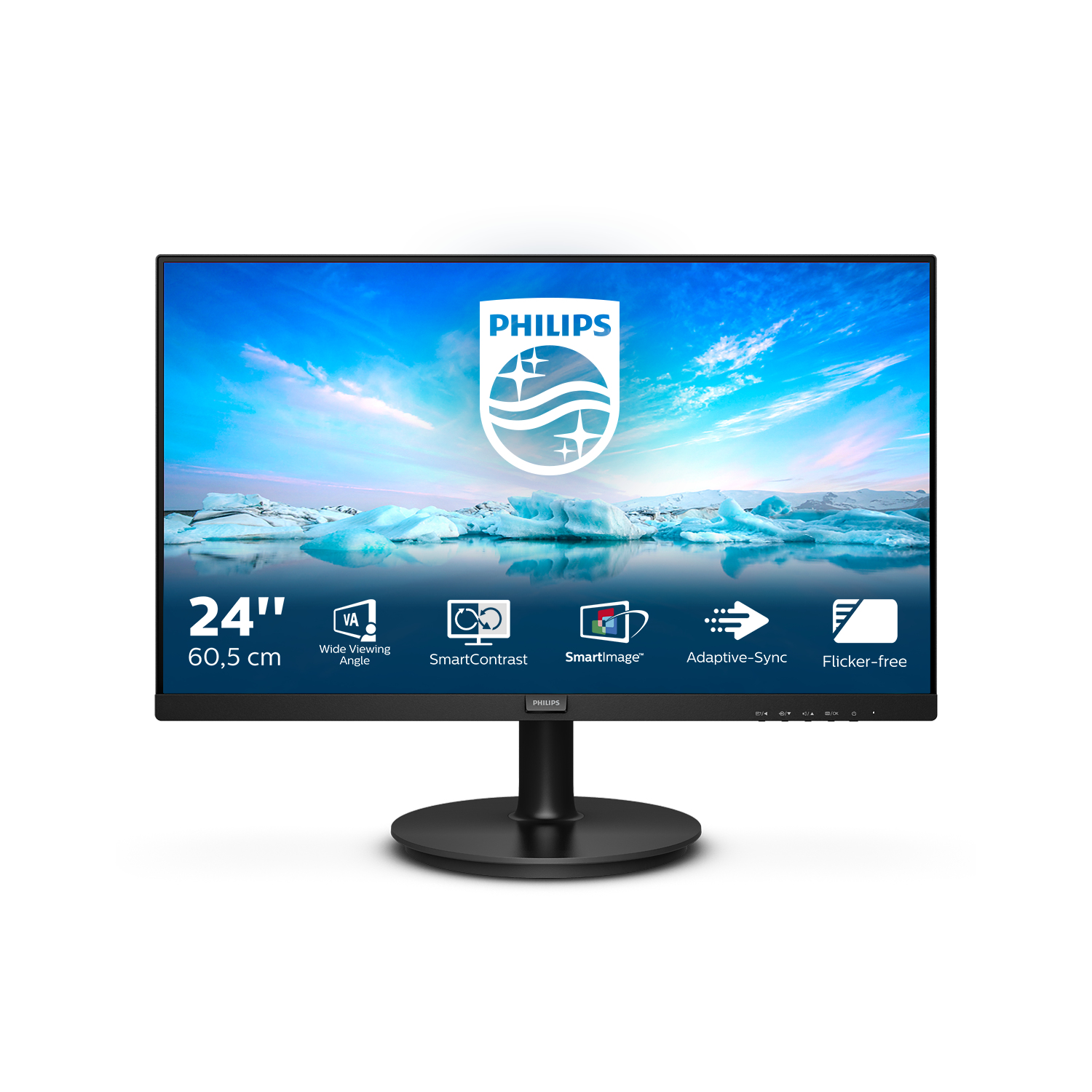Un monitor Philips con cielo blu e iceberg. È da 24 pollici.