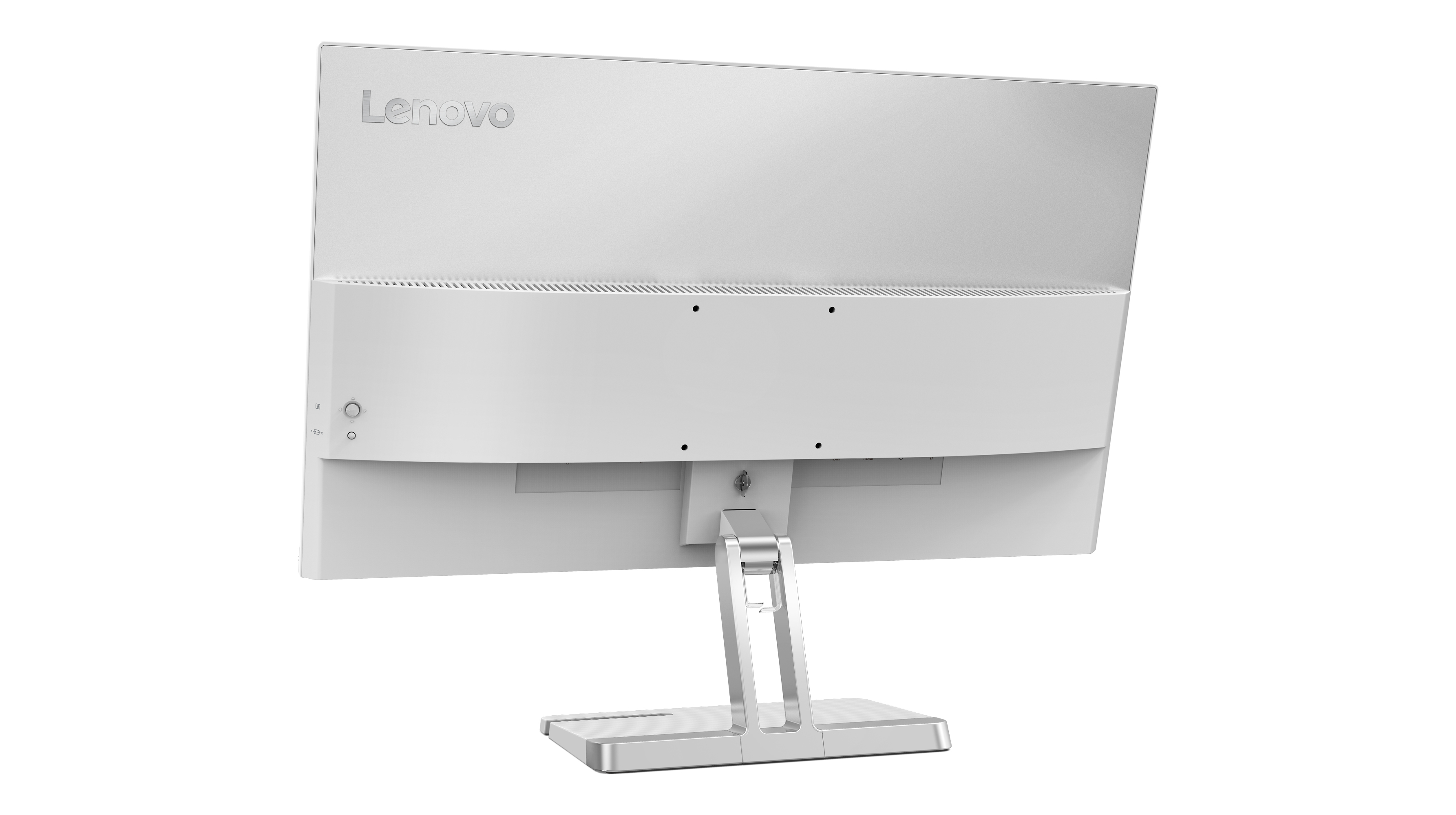 Parte trasera de un monitor blanco. El logotipo de Lenovo es visible en la parte superior. Tiene un soporte plateado.