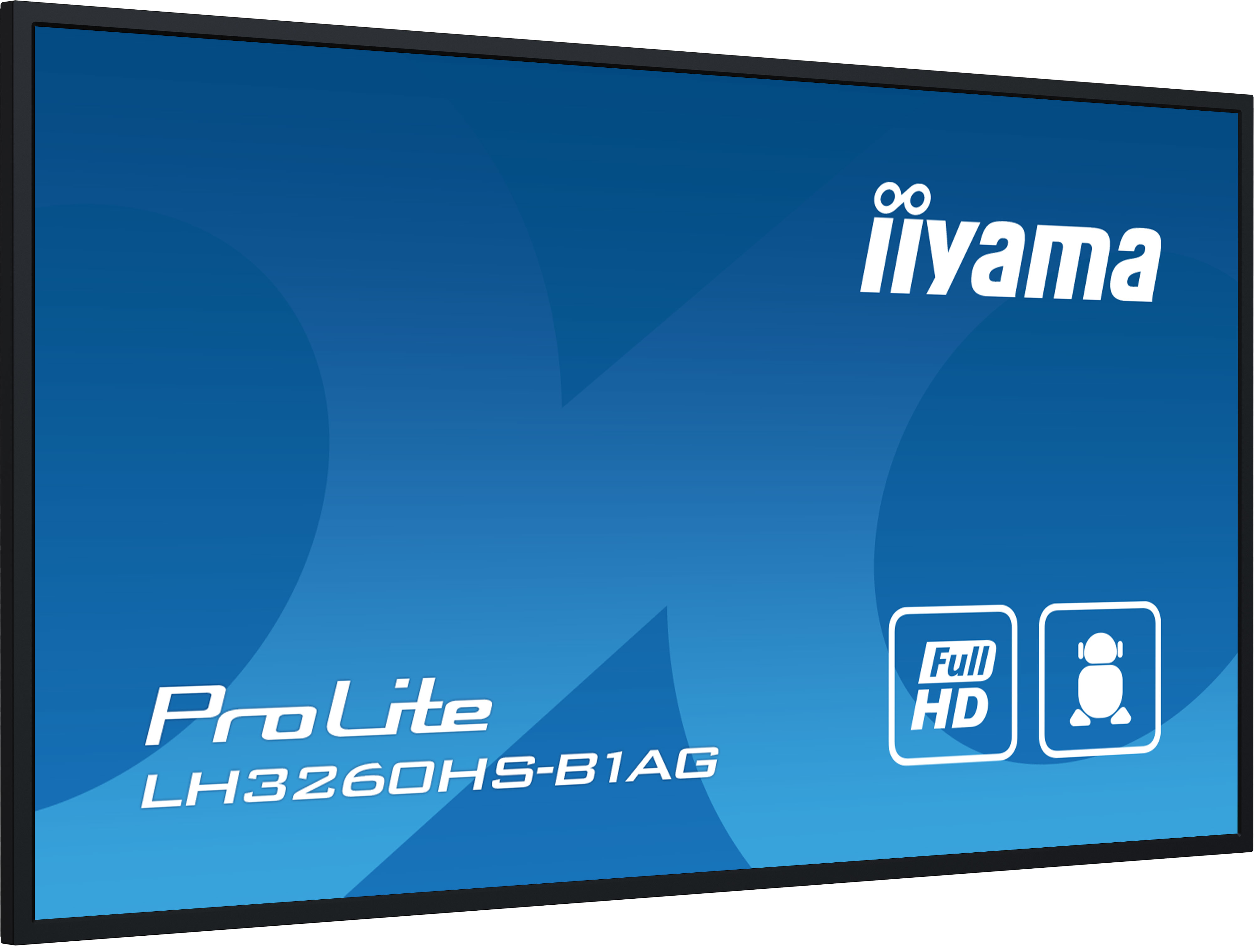 Iiyama ProLite monitor met blauwe achtergrond, Full HD-icoon en cartoon-icoon.