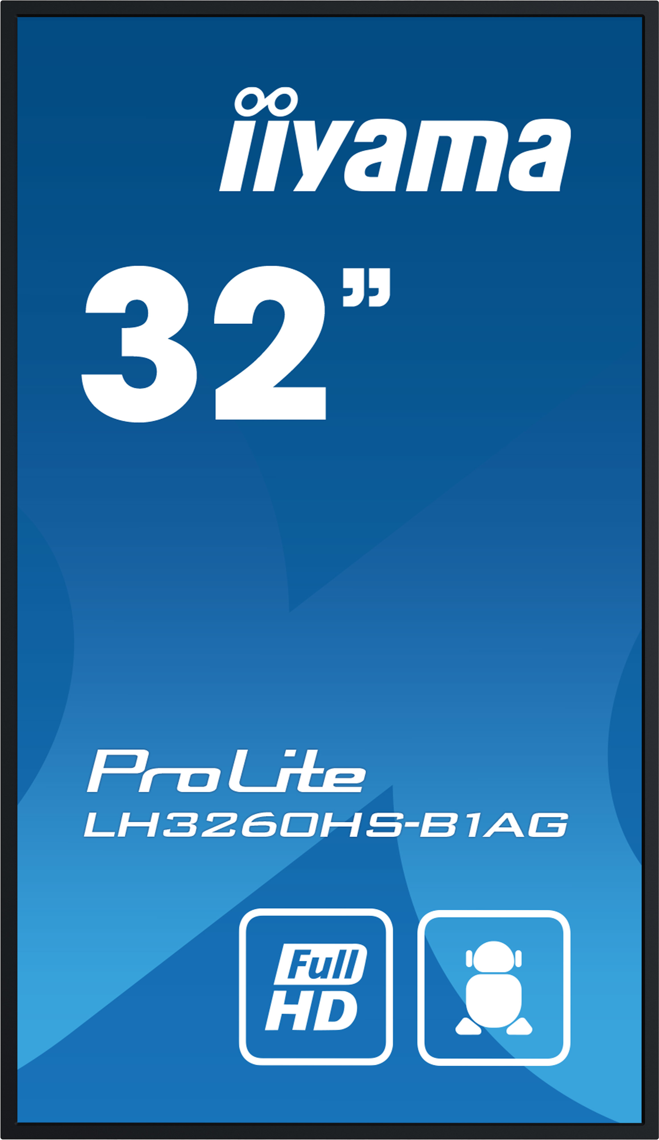 Een blauwzwarte 32-inch Iiyama ProLite monitor met Full HD en een icoon.