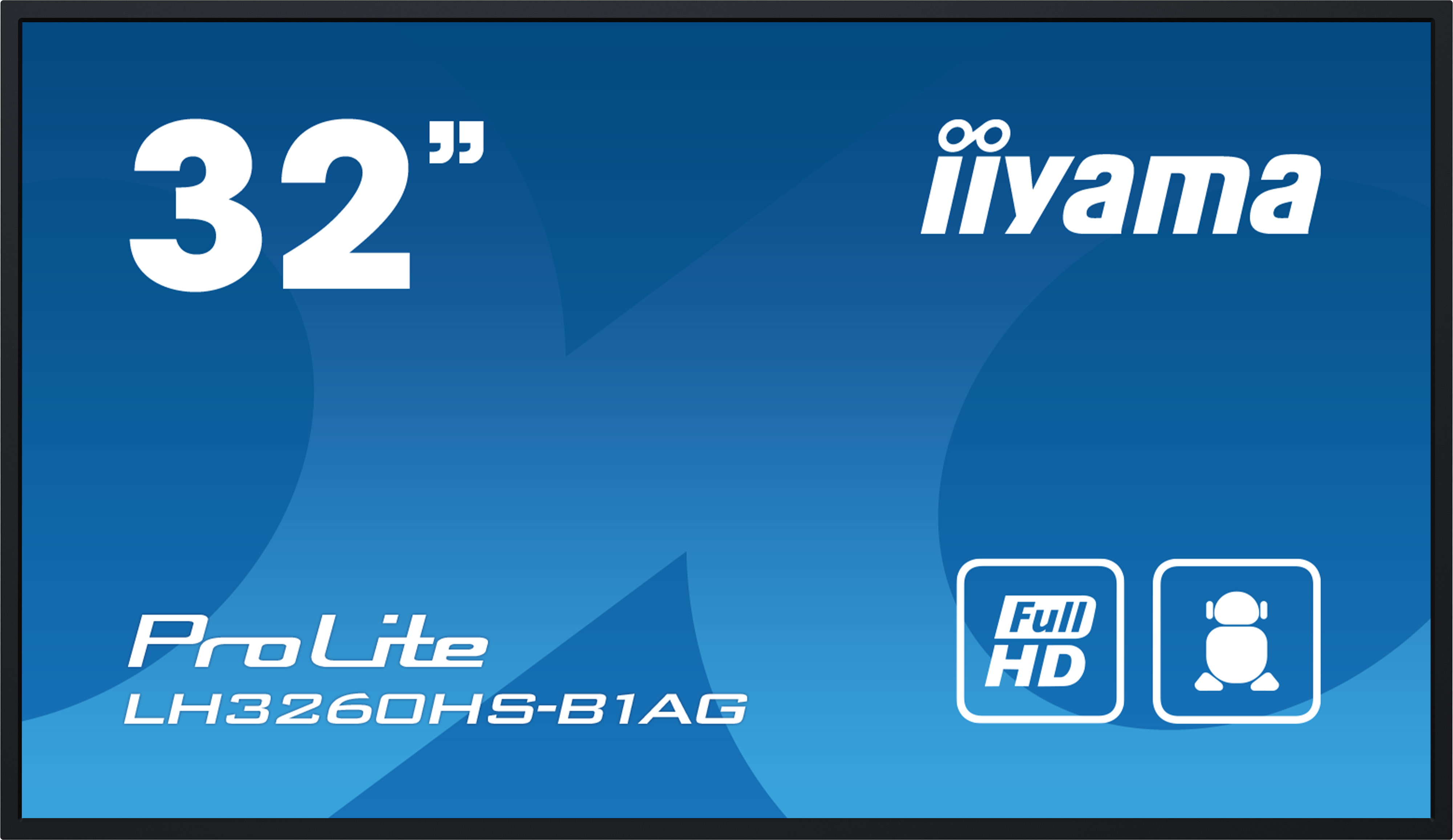 Een 32-inch iiyama-monitor met Full HD. Het scherm is blauw met een wit logo en tekst.