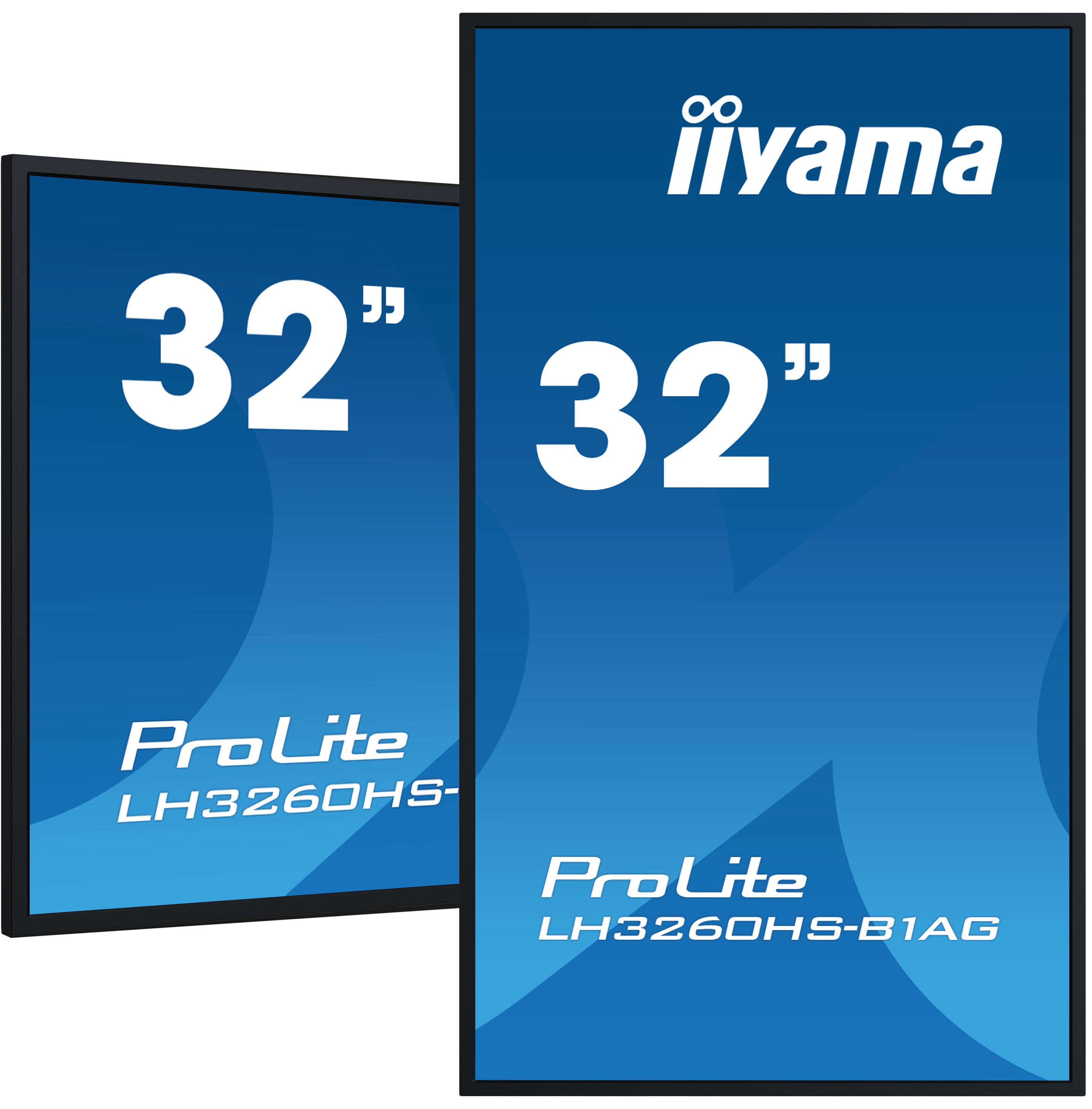 Twee zwarte rechthoekige monitoren, met een blauwe achtergrond en witte tekst. De tekst zegt 32" en ProLite LH3260HS.