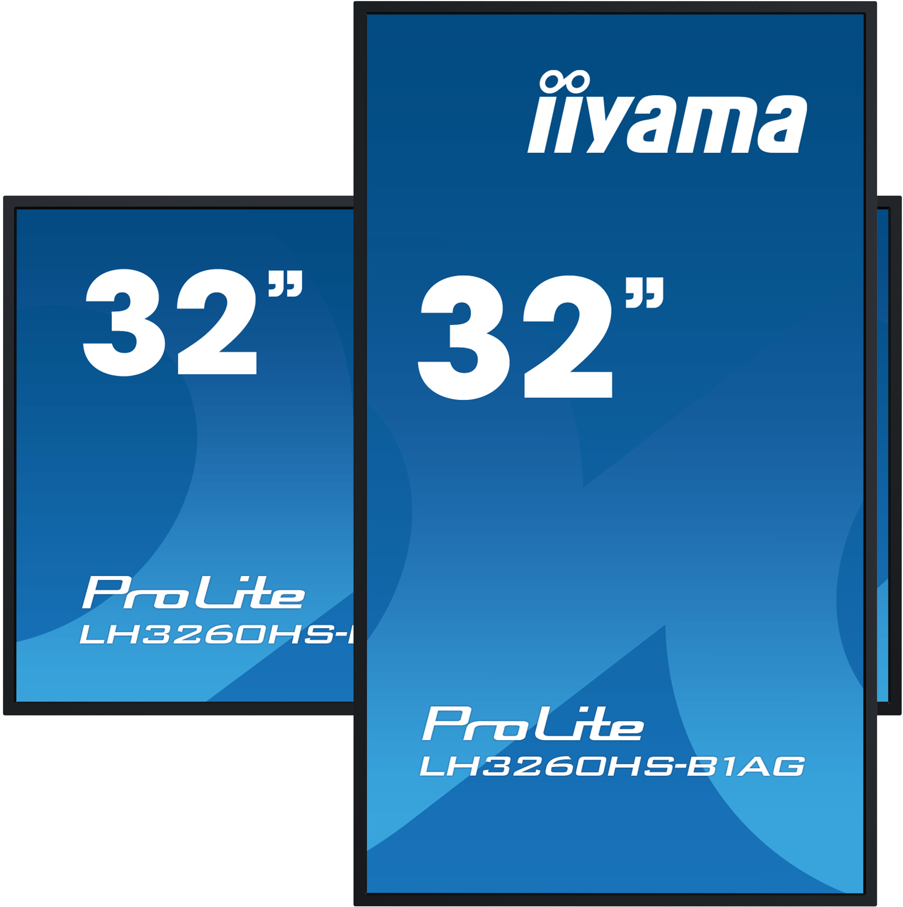 Twee blauwe schermen met "iiyama"-logo en tekst: 32", ProLite, LH3260HS-I en LH3260HS-B1AG.