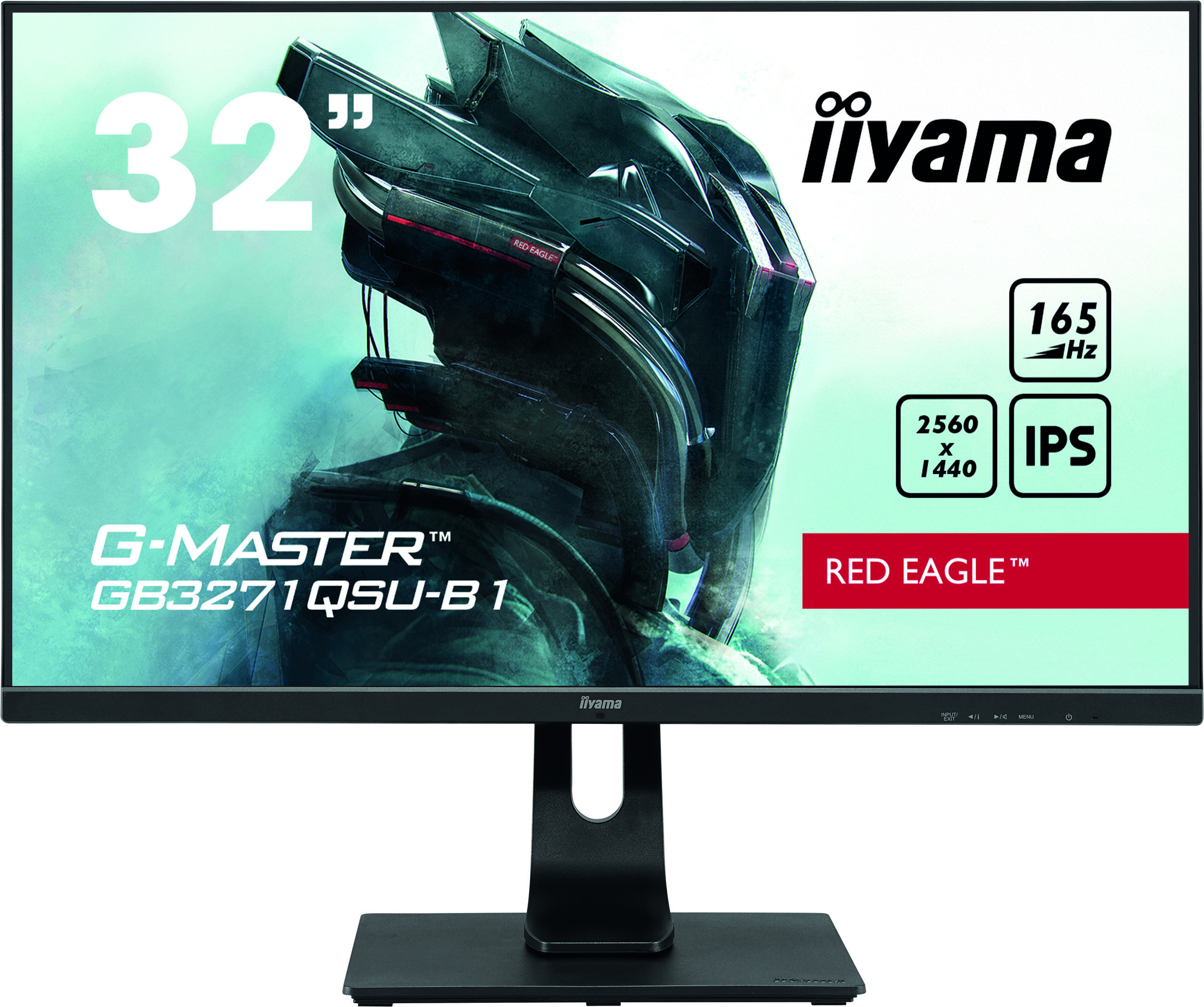 Czarny monitor do gier iiyama G-MASTER z czerwonym logo orła i specyfikacjami.