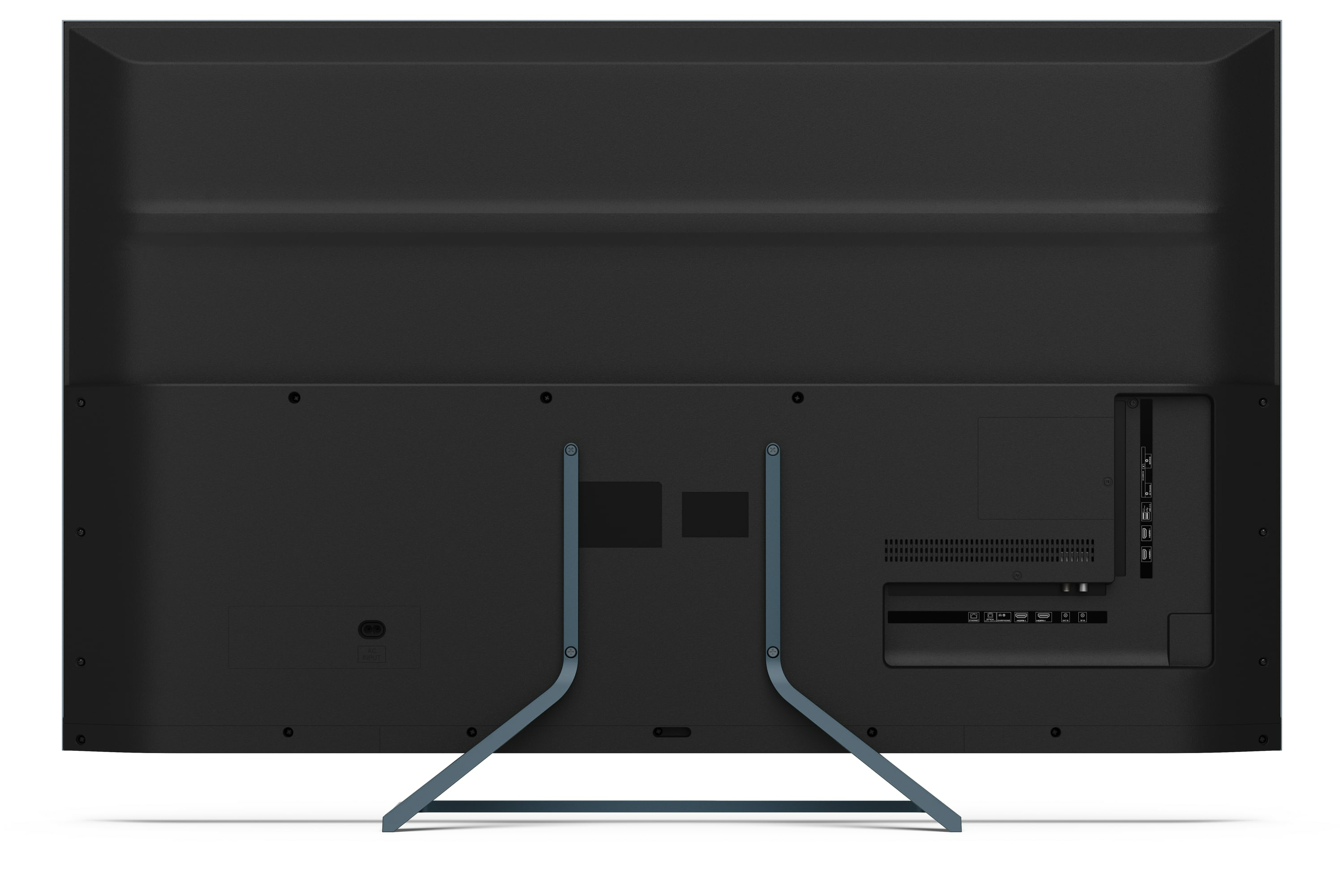Die Rückseite eines Fernsehers zeigt Anschlüsse und einen Ständer mit blauem Akzent.