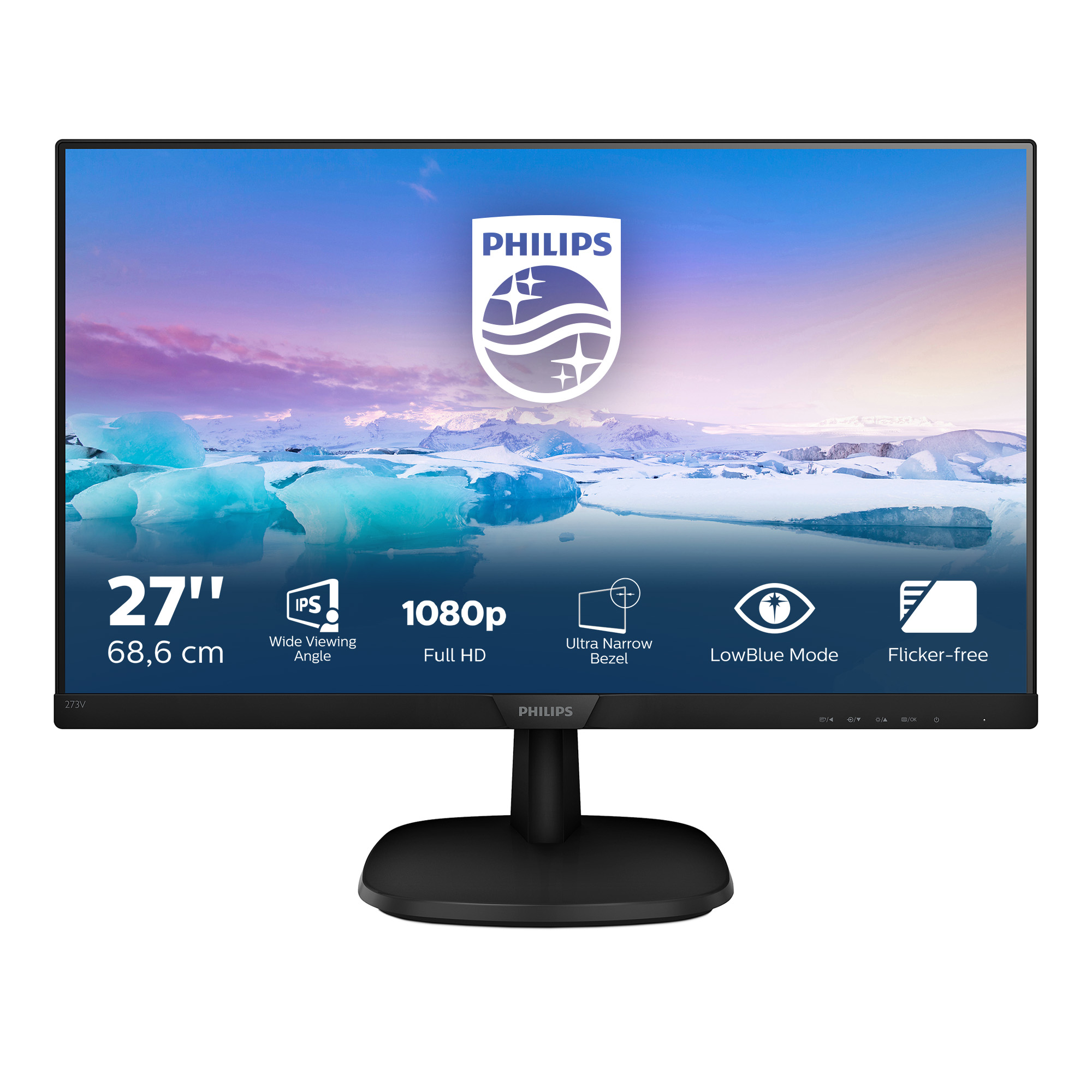 Un monitor Philips negro muestra un paisaje con una cordillera nevada y cielo azul.