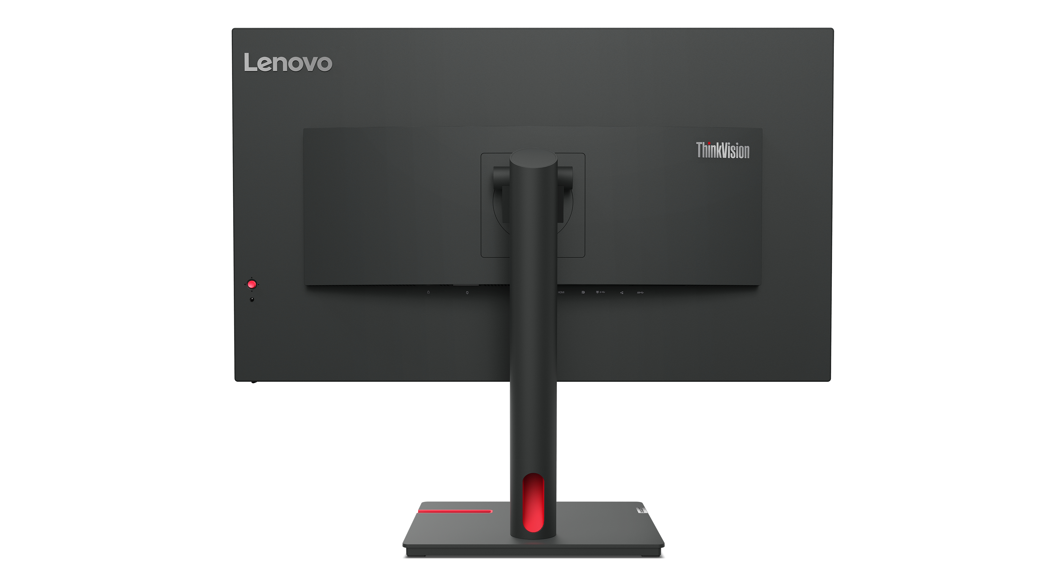 Tył monitora Lenovo z logo ThinkVision. Czarna konstrukcja i czerwona podstawa.