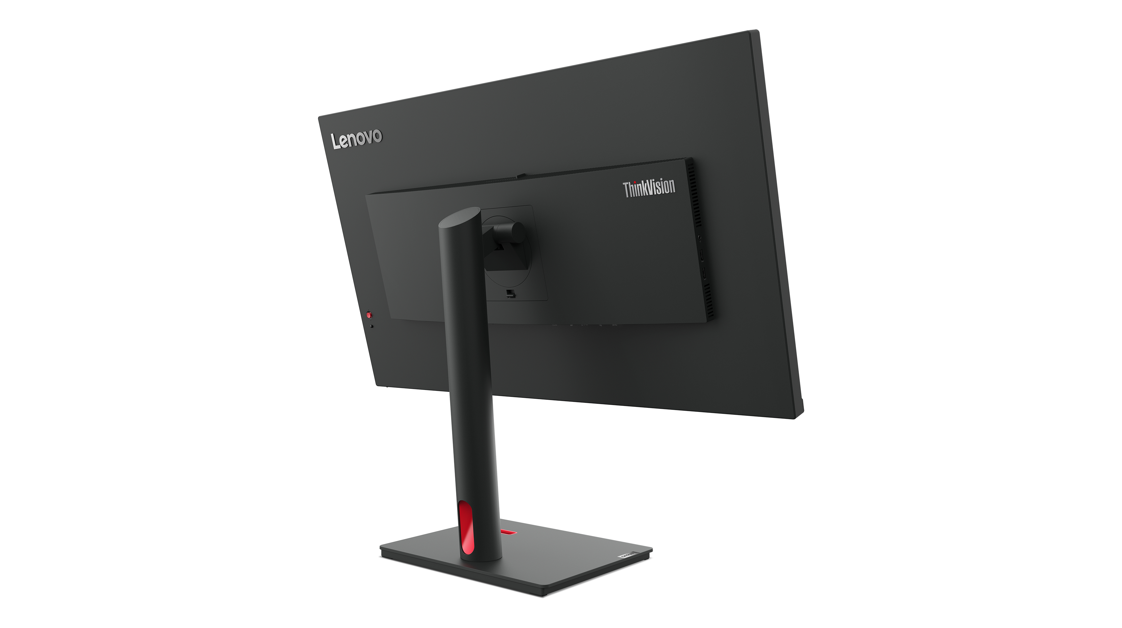 Widok z tyłu czarnego monitora ze stojakiem. Widoczne są loga Lenovo i ThinkVision.
