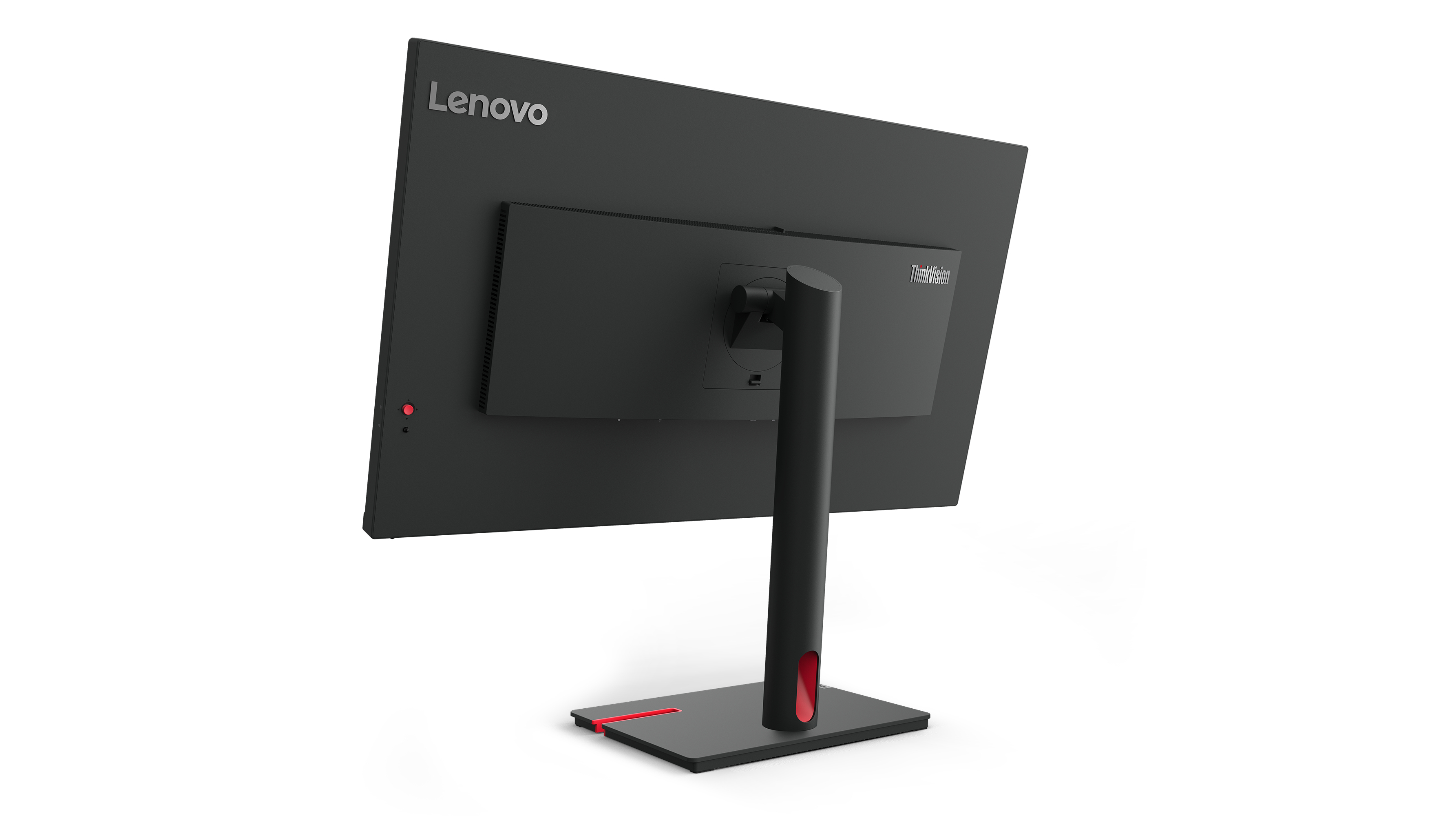 Widok z tyłu monitora Lenovo. Logo Lenovo znajduje się w lewym górnym rogu.