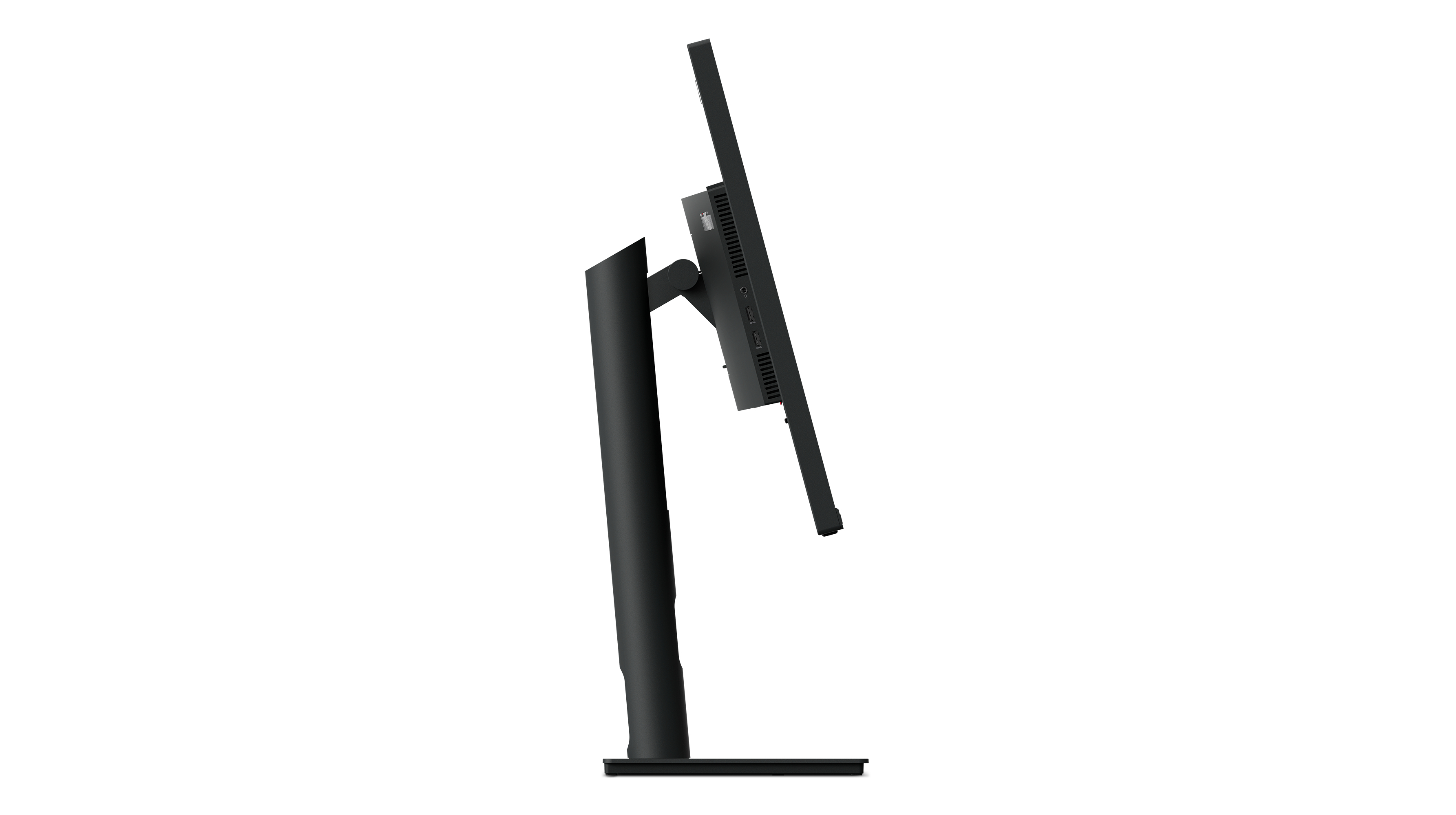 Czarny monitor widziany z boku, lekko pochylony. Podstawka jest czarna, a design elegancki.