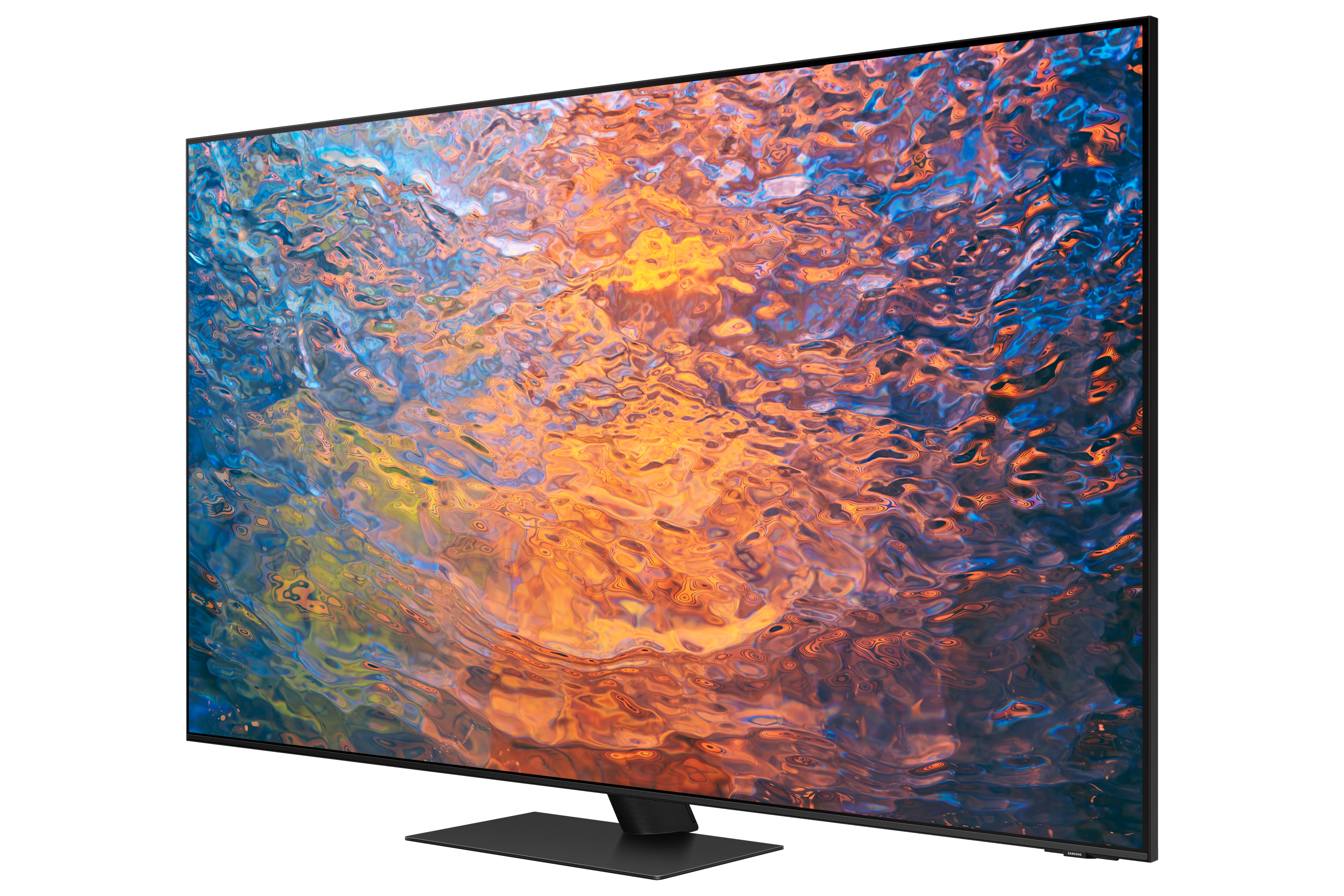Un televisore Samsung mostra un motivo astratto e colorato. Il televisore è su un supporto nero.