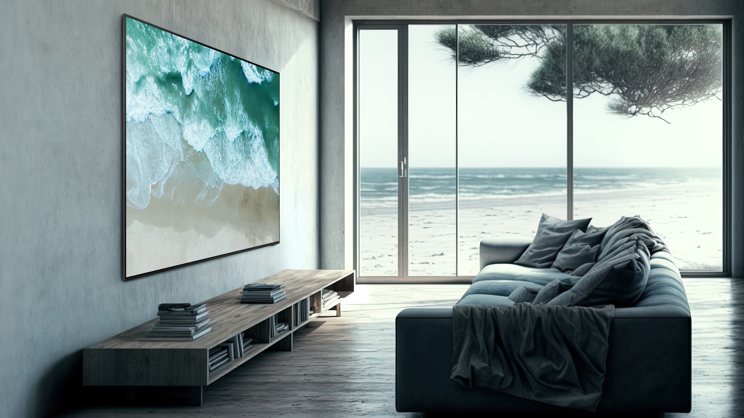 Soggiorno con una TV che mostra una vista aerea dell'oceano e della spiaggia e un divano grigio.