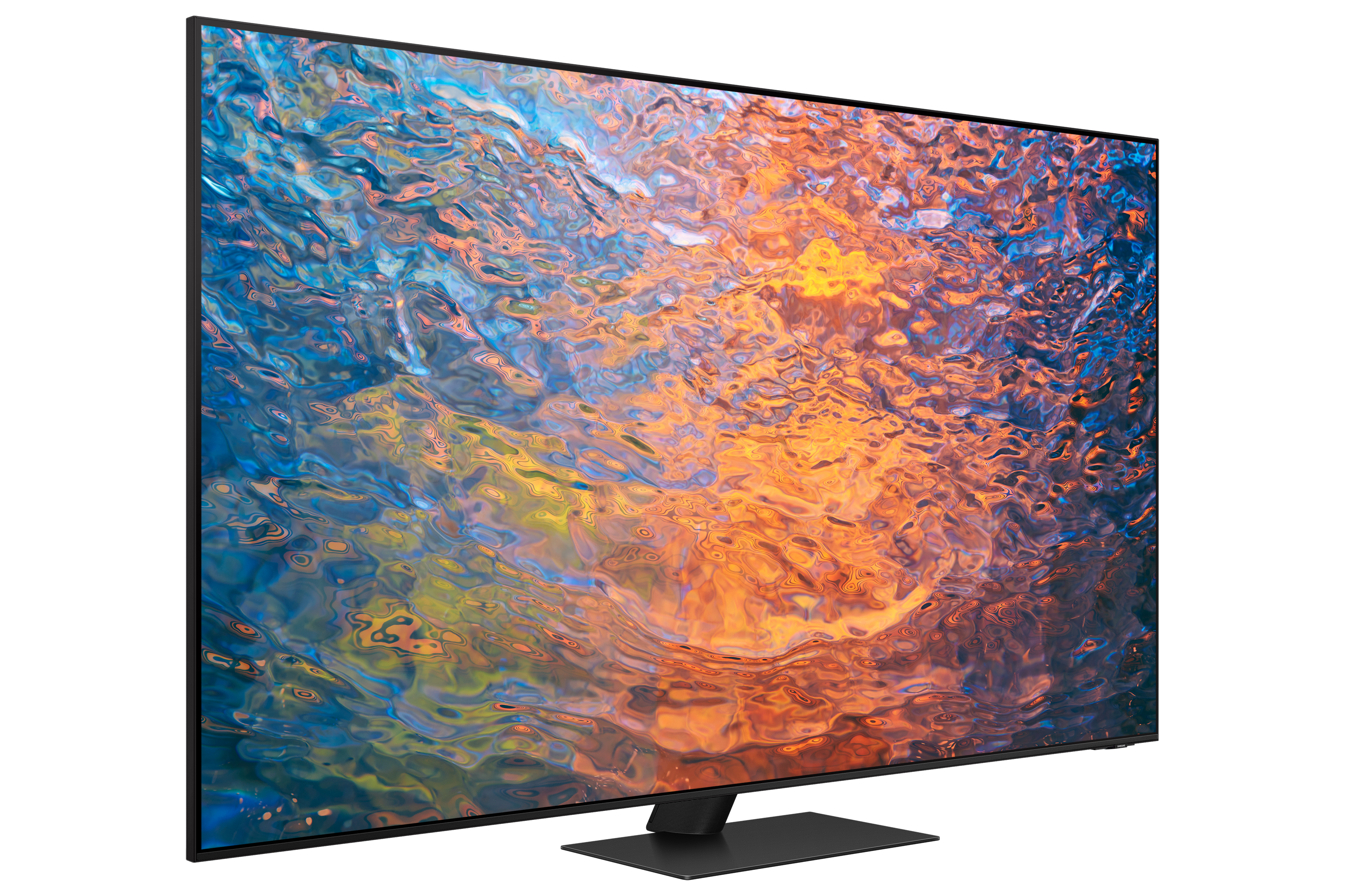 TV Samsung nero con schermo grande, che mostra un motivo blu e bianco.