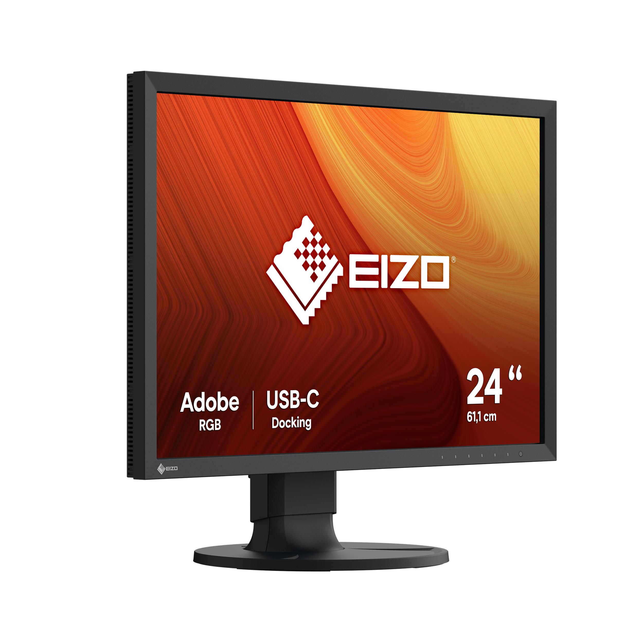 Monitor EIZO z czarną ramką, pokazuje kolorowe tło. Monitor stoi na stojaku.