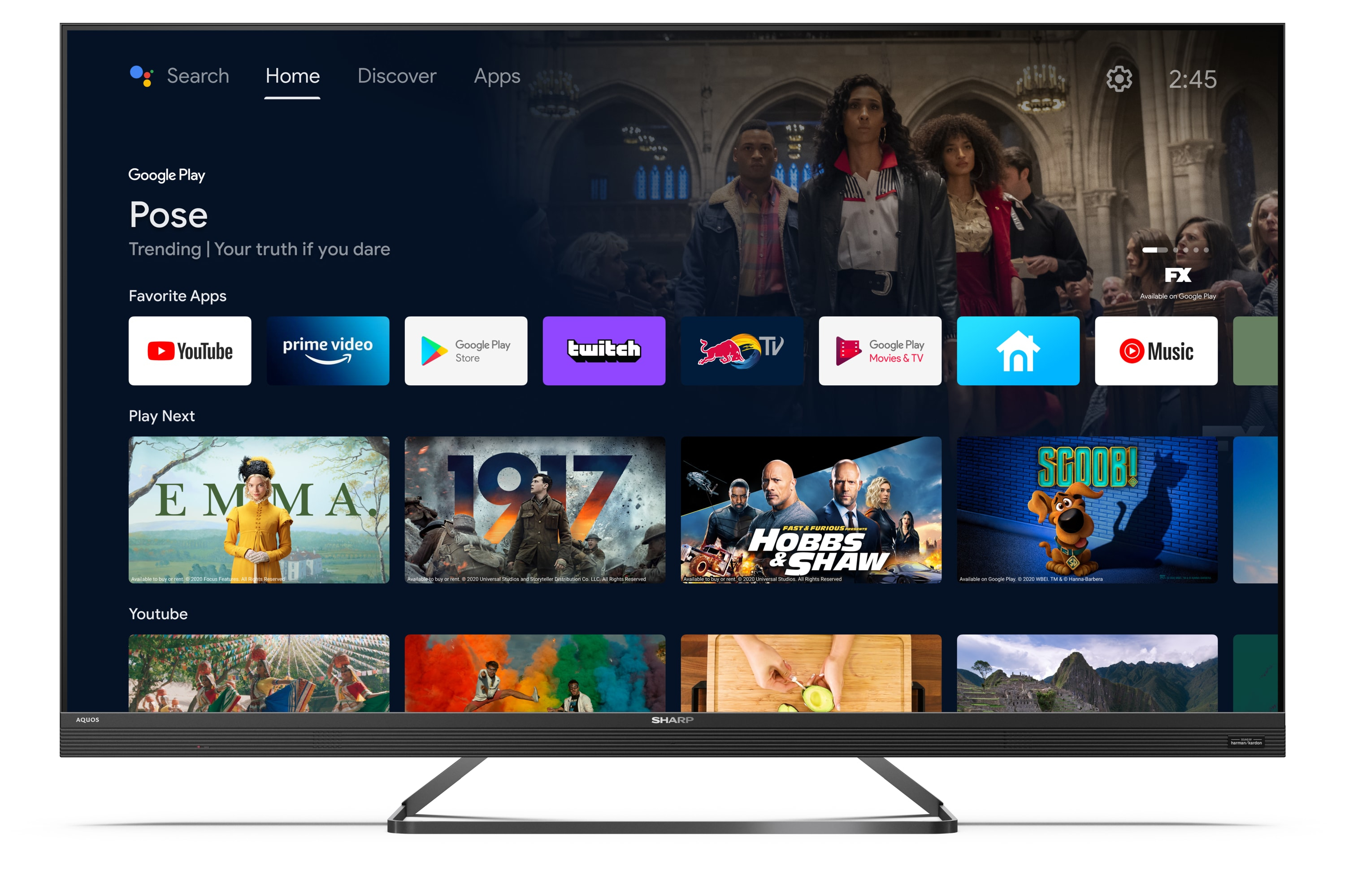 Fernseher zeigt einen Startbildschirm mit Apps und Inhalten von Google Play.