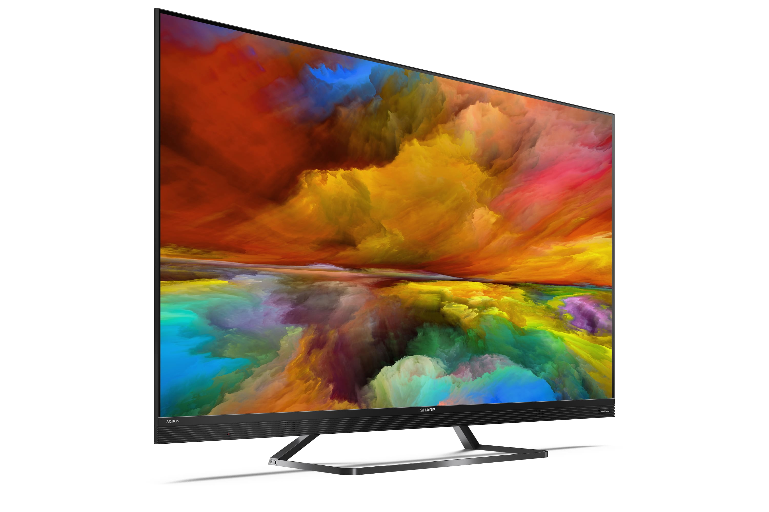 Ein Sharp-Fernseher zeigt eine farbenfrohe abstrakte Szene mit roten, orangen und blauen Farbtönen.