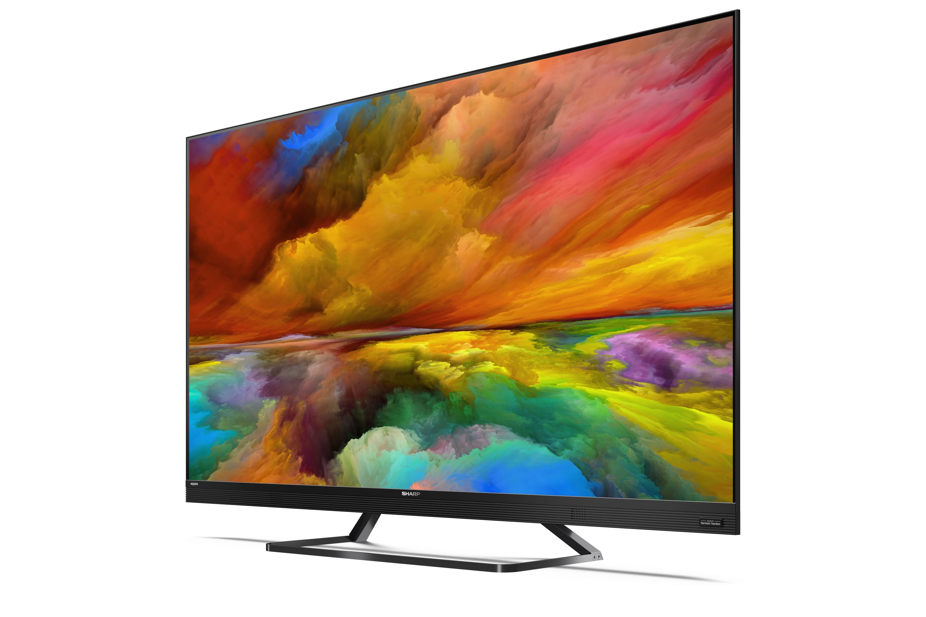 Ein Sharp-Fernseher mit farbenfroher Anzeige. Der Bildschirm zeigt ein abstraktes Gemälde mit lebendigen Farben.