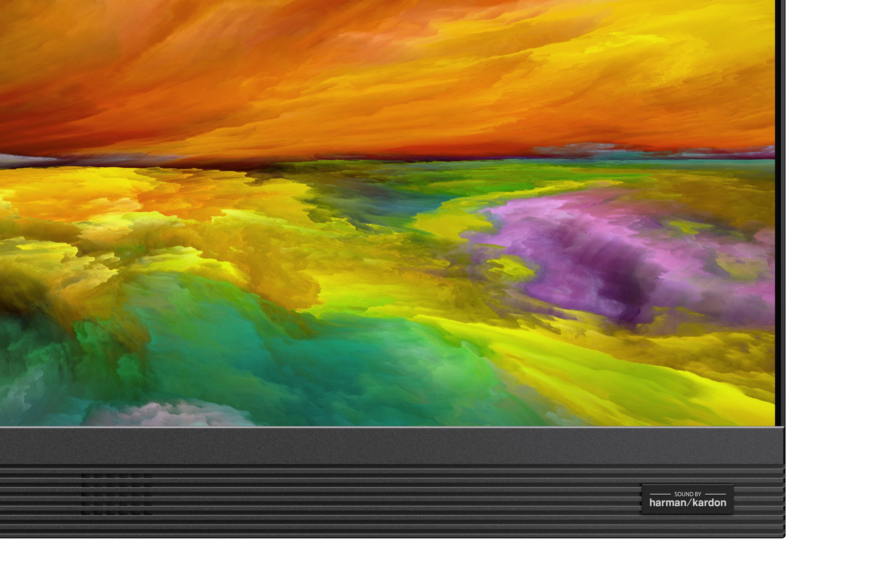 TV-Bildschirm mit farbenfroher abstrakter Kunst. Schwarzer Rahmen. Sound by Harman/Kardon.