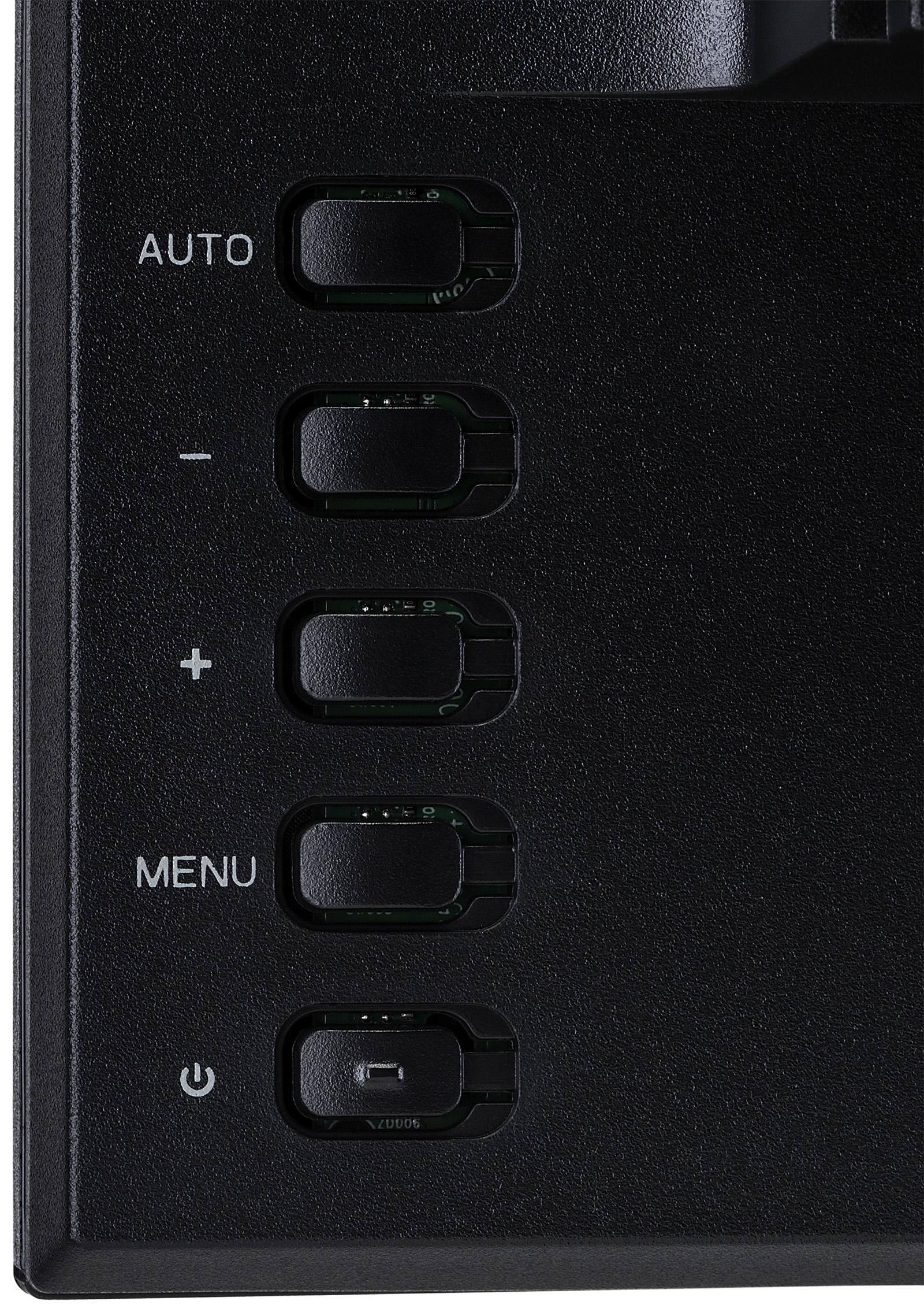 Primer plano de los controles del monitor: Auto, -, +, Menú y Encendido.