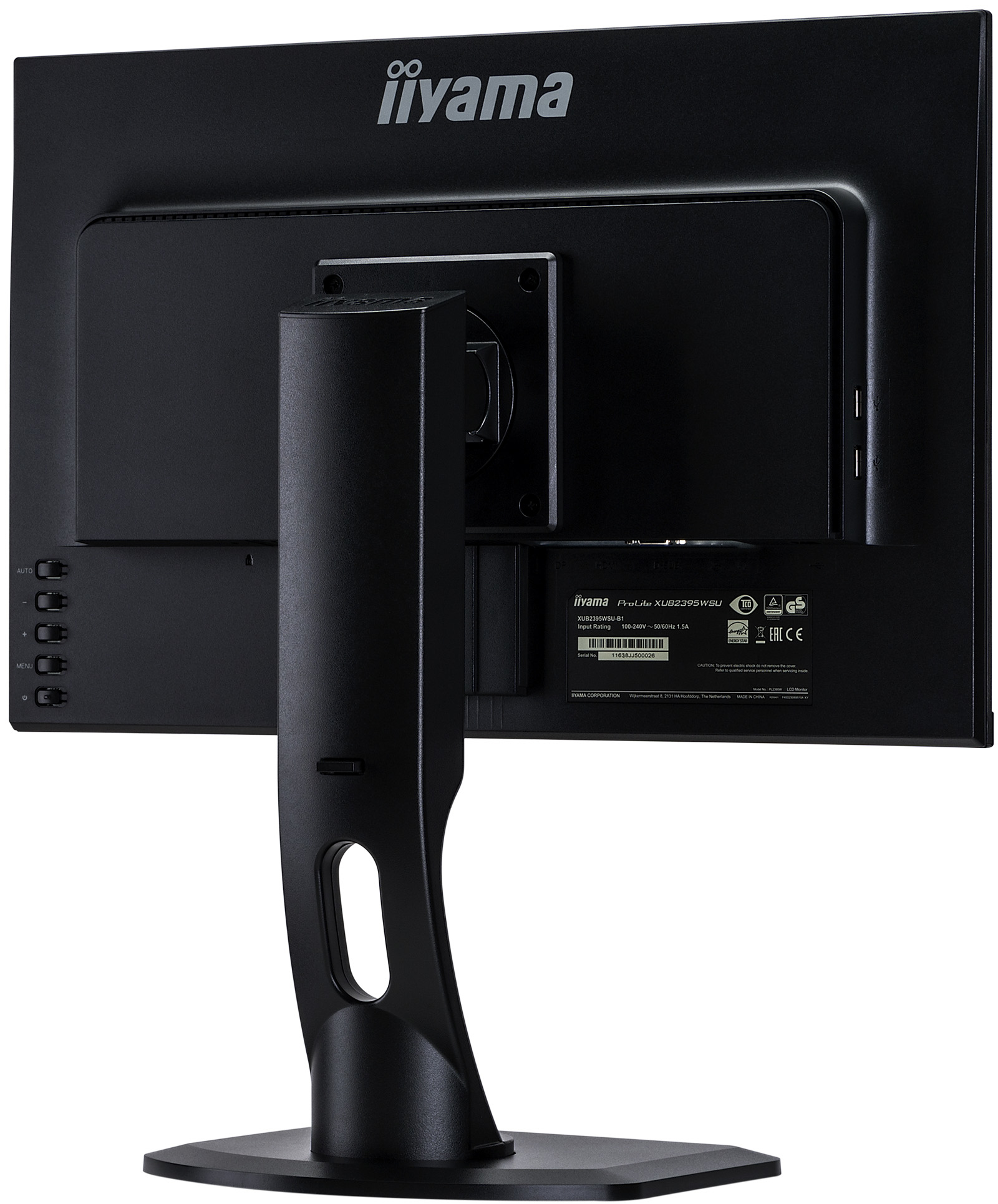 La parte trasera de un monitor iiyama negro. El soporte está en el centro, con puertos y un botón de encendido en la parte inferior.