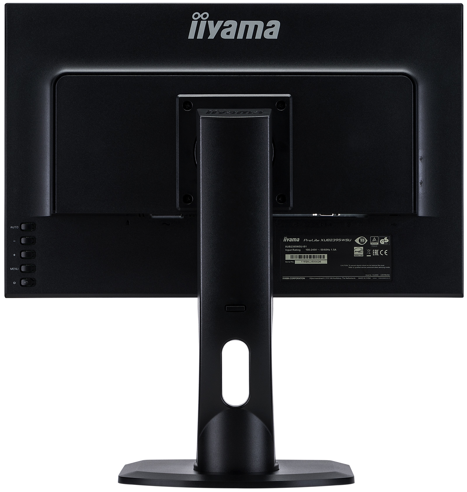 Parte trasera del monitor negro. El soporte es negro y tiene un agujero. El logotipo de iiyama está arriba.