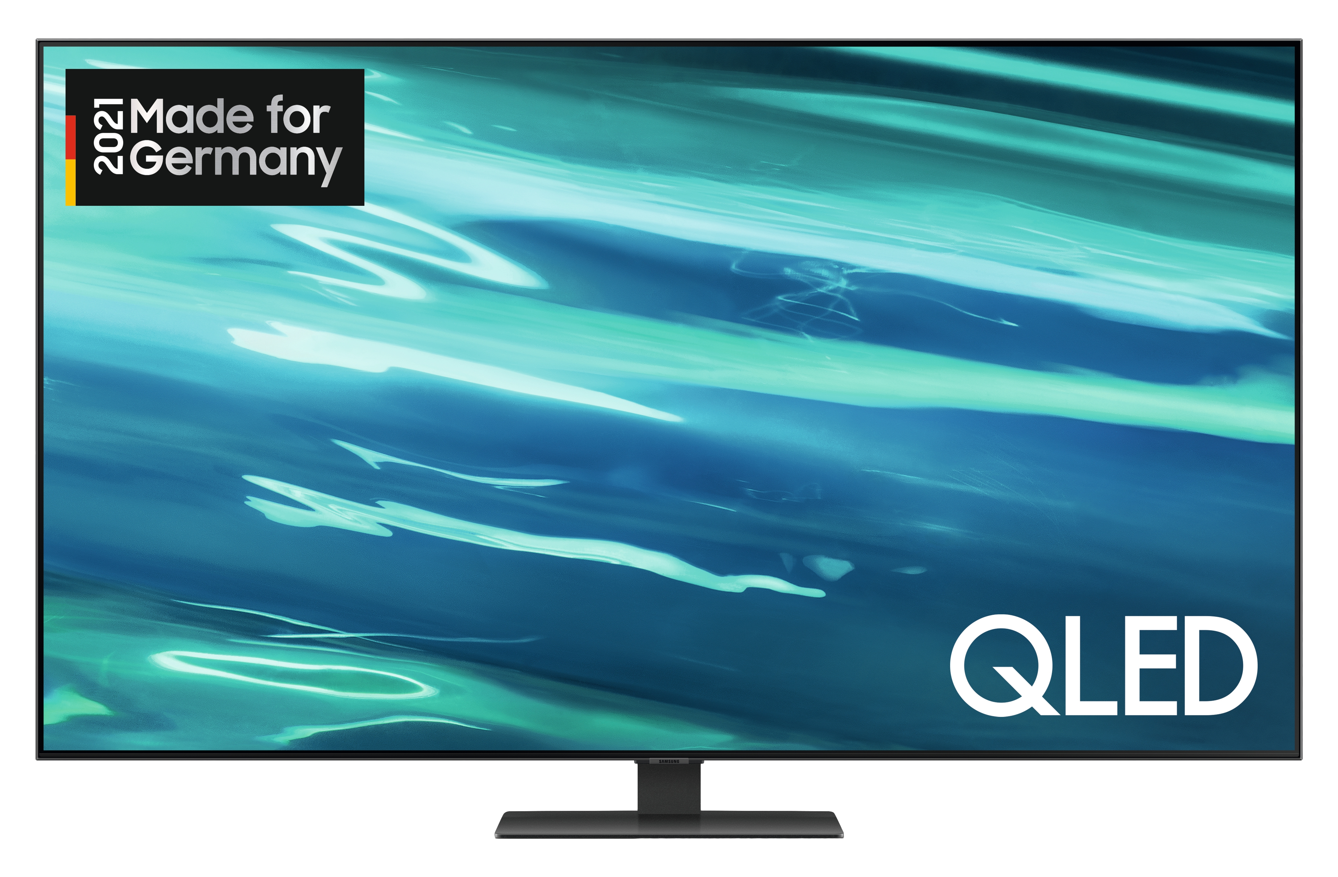 Telewizor Samsung QLED, z nowoczesnym designem i płynnym niebiesko-zielonym obrazem.