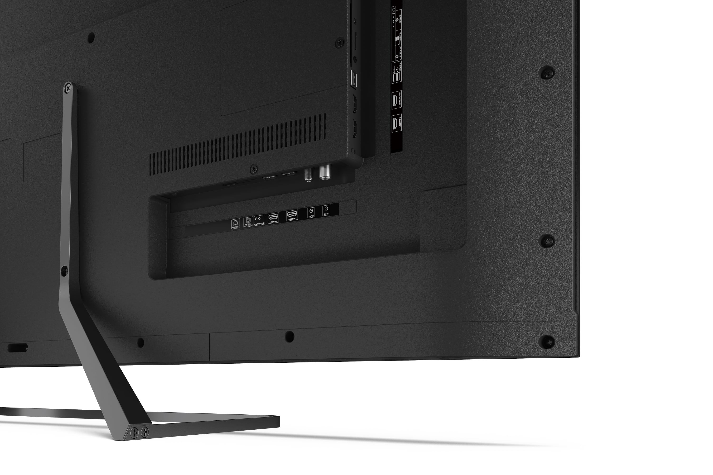Rückansicht eines schwarzen Monitors. Zeigt Anschlüsse, Ständer und die Textur der Rückseite.