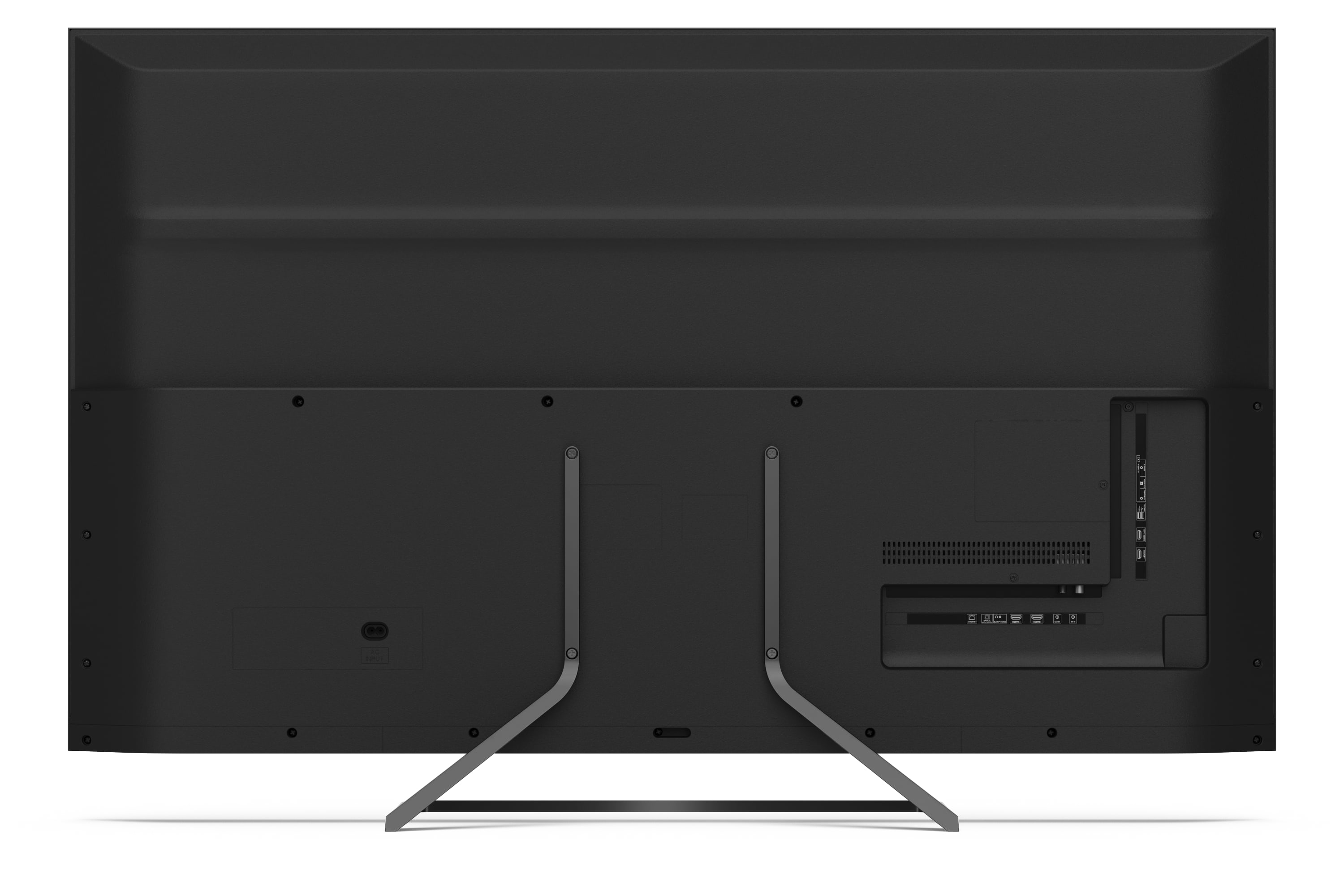 TV-Rückseite, schwarz, mit Anschlüssen und Ständer.