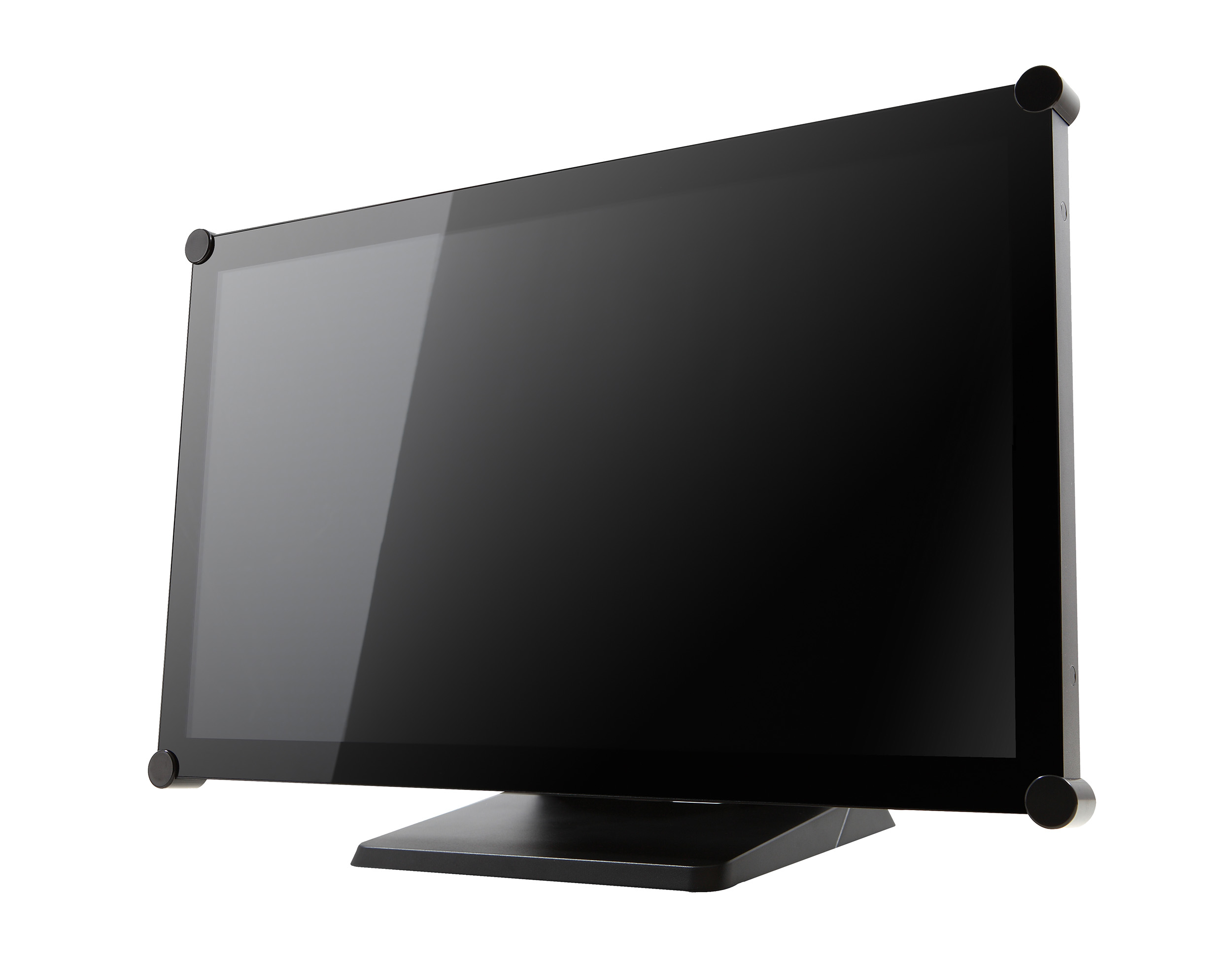 Un moniteur d'ordinateur noir avec un support, vu de côté.