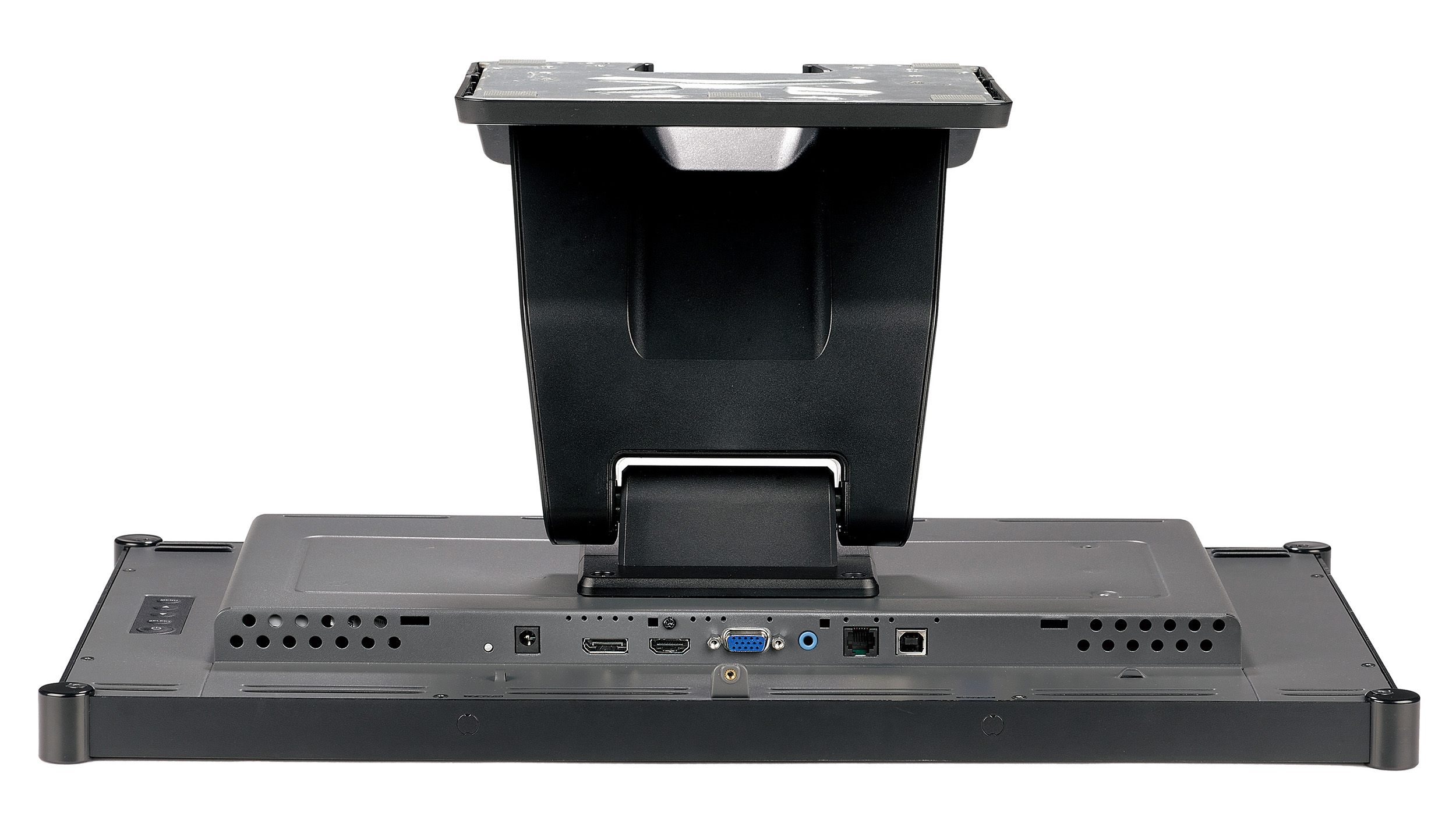 Vue arrière d'un moniteur avec différents ports et un pied.