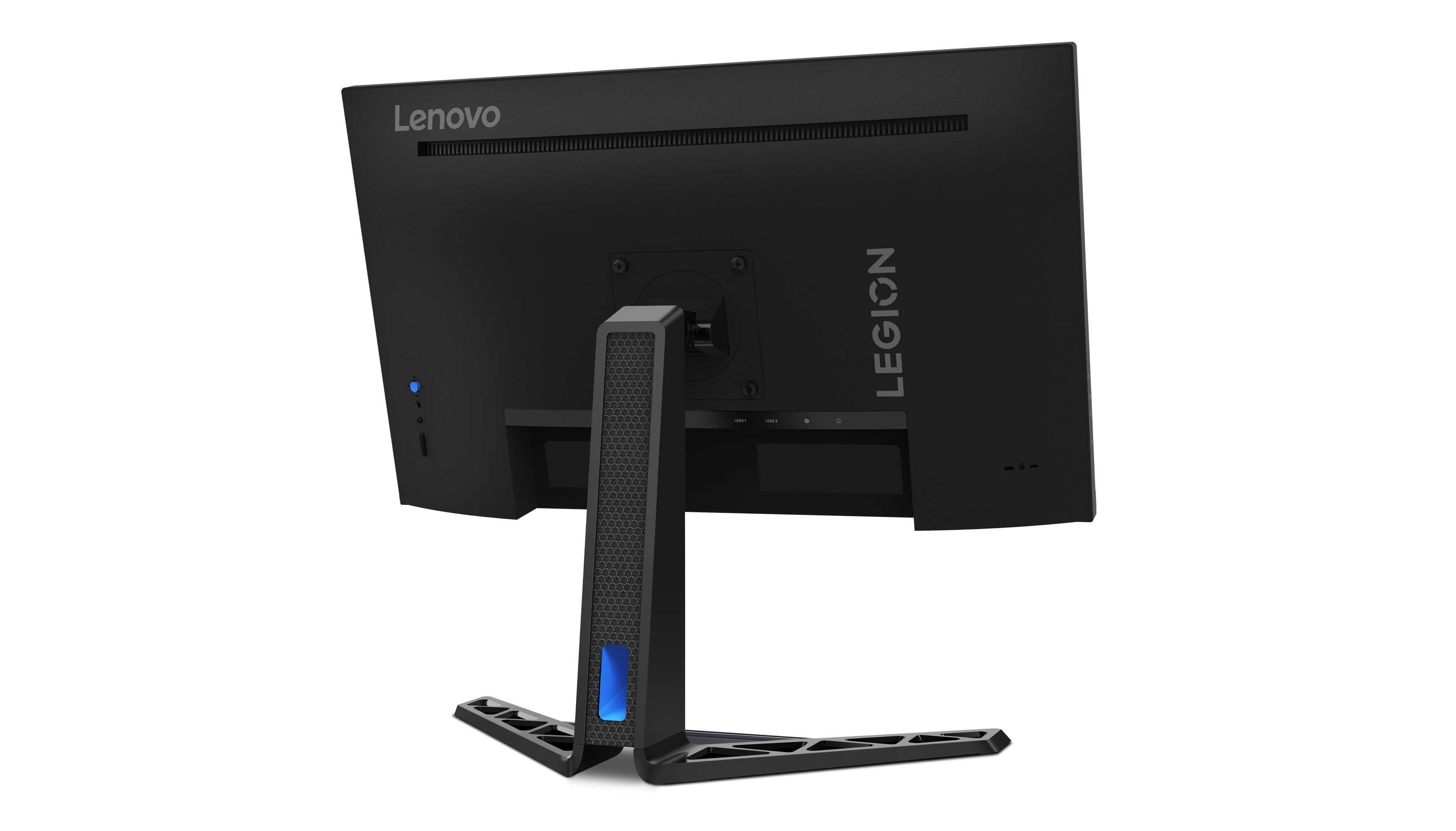 Tył czarnego monitora Lenovo Legion. Ma podstawę. Widoczne logo Legion.