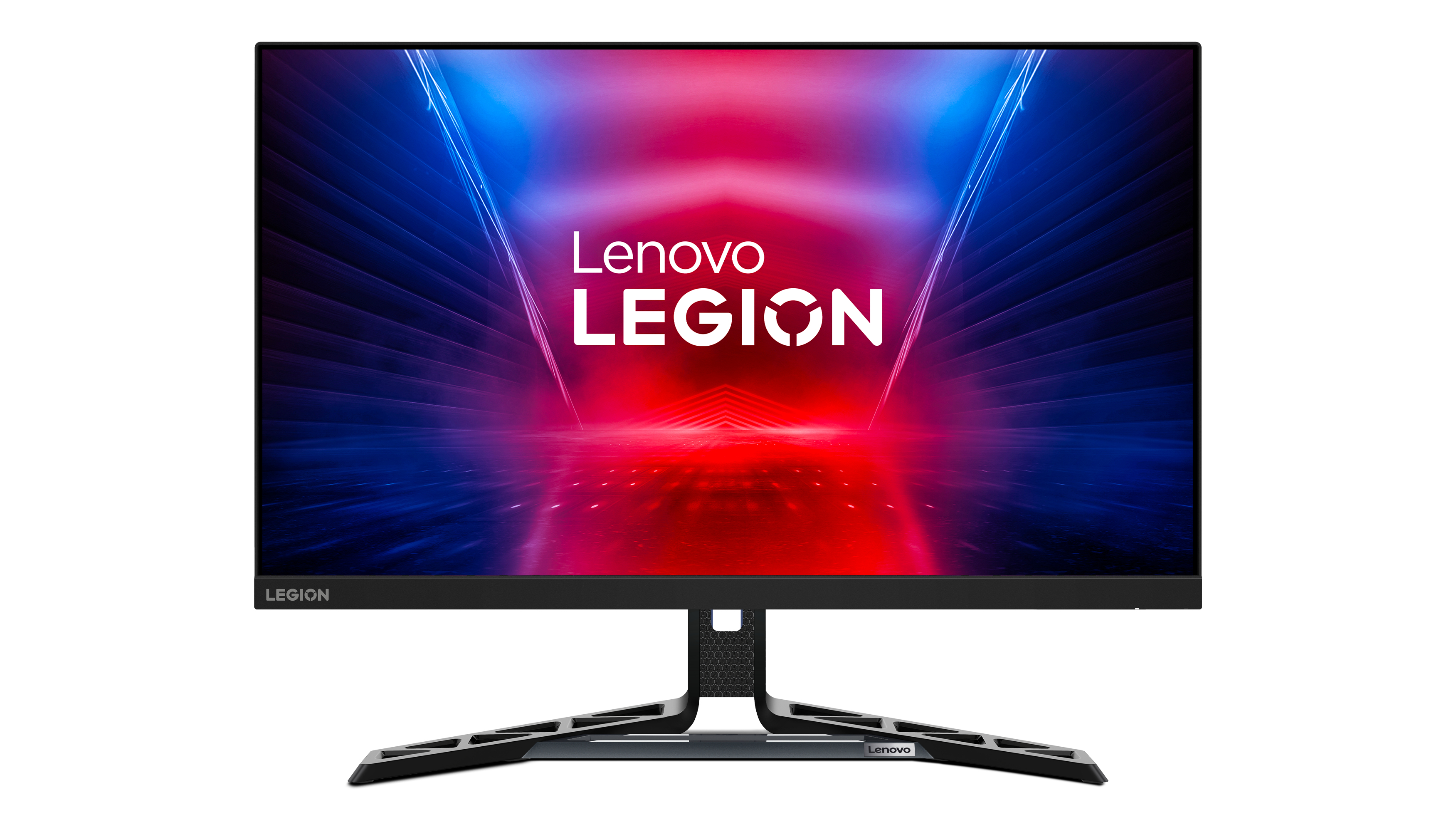 Monitor Lenovo Legion. Czarny stojak, ekran wyświetla logo Lenovo Legion.