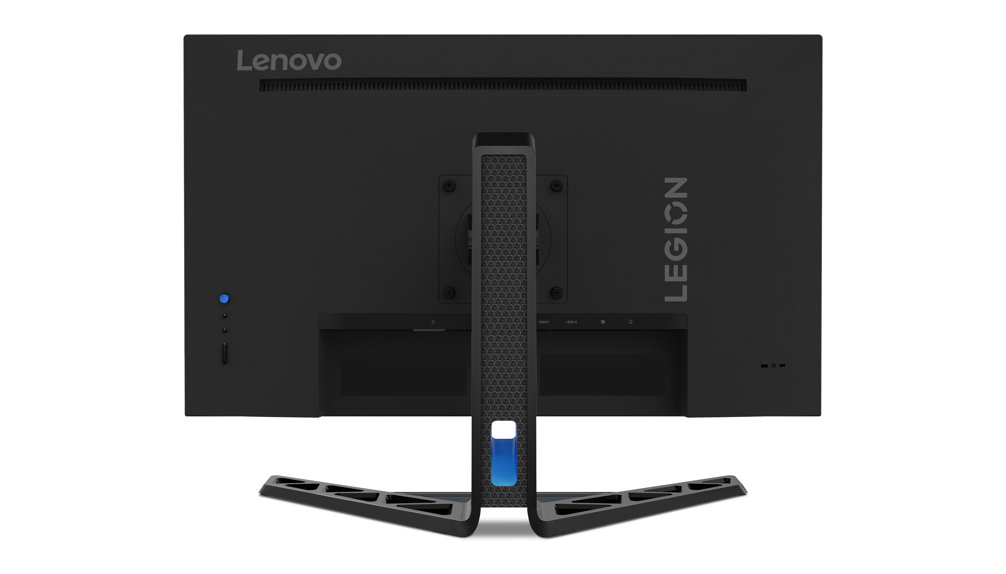 Tył czarnego monitora Lenovo Legion, z logo Legion i ramieniem wspornikowym.