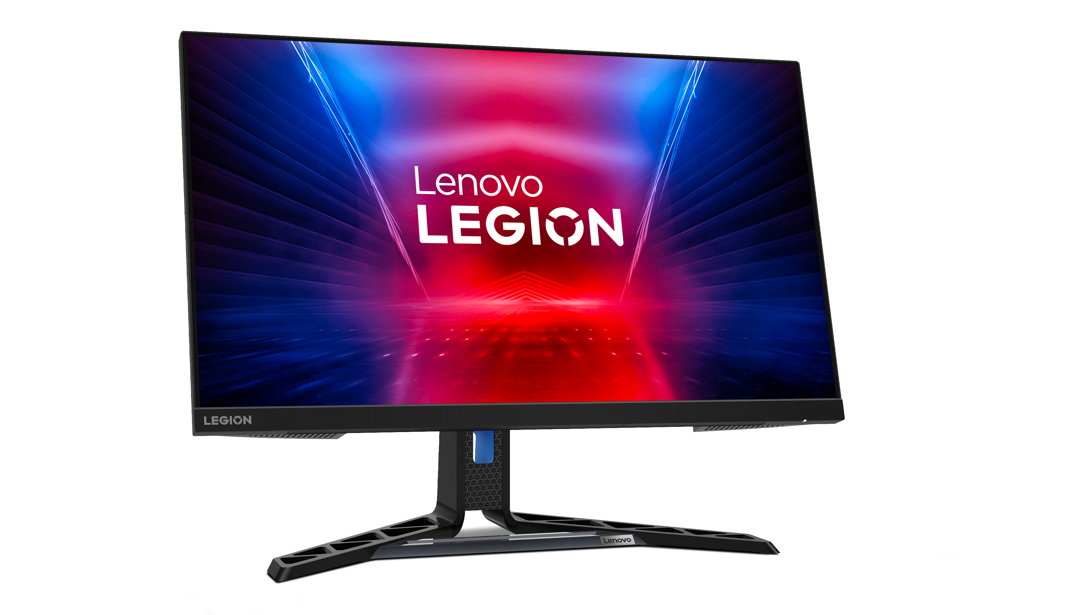 Monitor do gier Lenovo Legion wyświetlający logo. Podstawa jest czarno-niebieska.